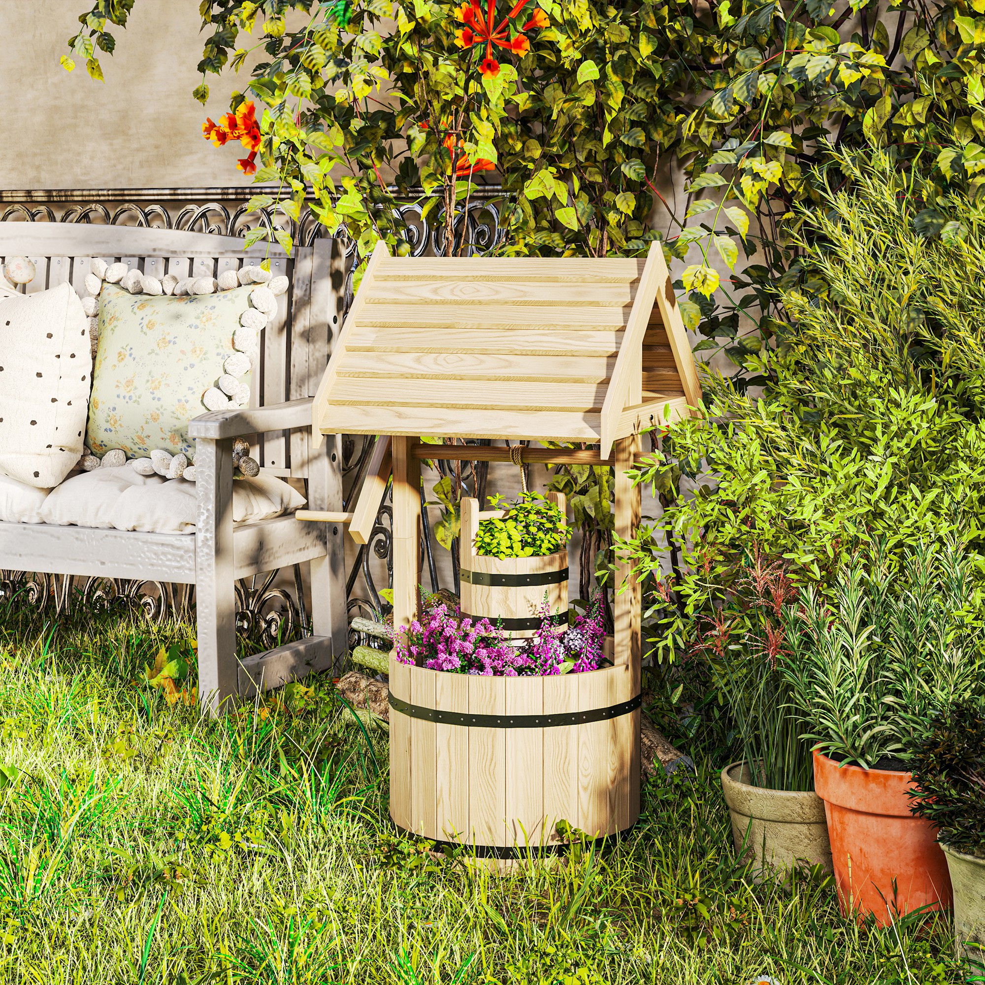 Wood Wishing Well for Outside with Hanging Bucket, Wishing Well Planter with Drain Hole for Garden Patio, Natural
