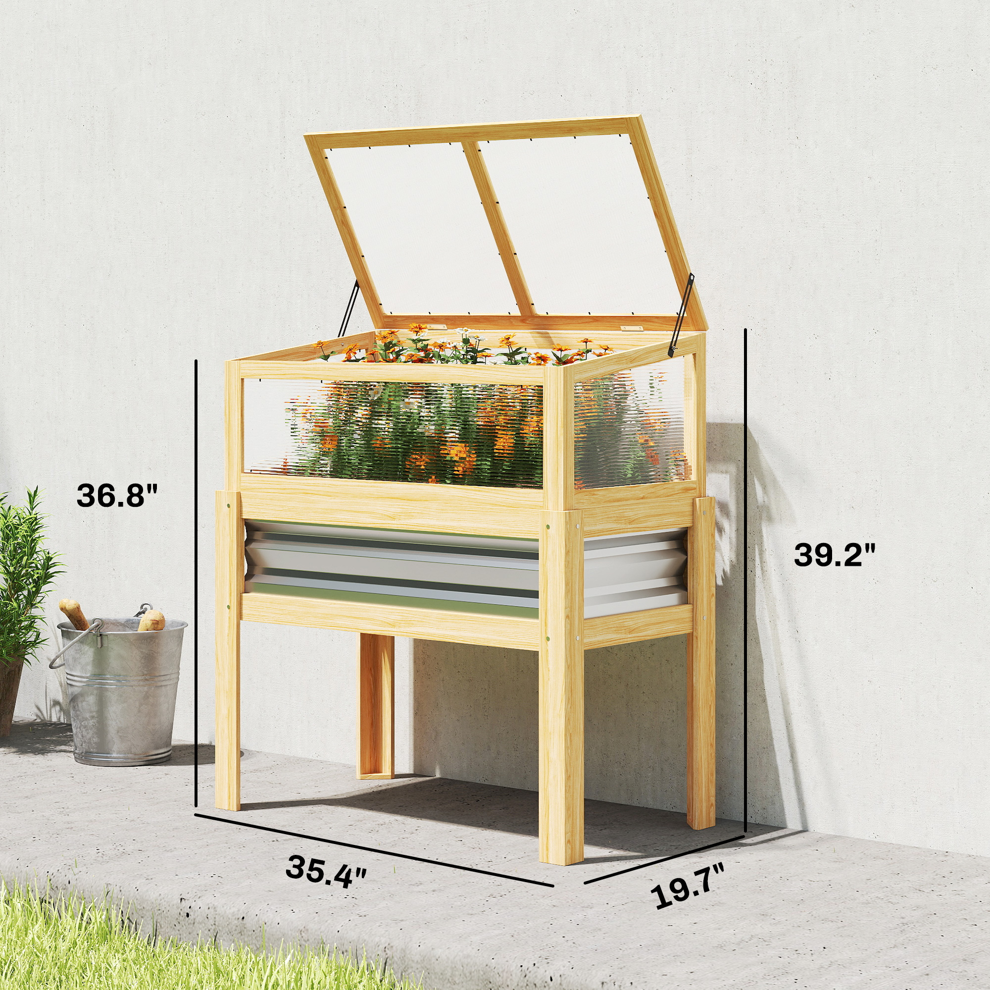  Raised Garden Bed with Mini Greenhouse, Elevated Planter Box with Legs and Bed Liner for Flowers, Vegetables