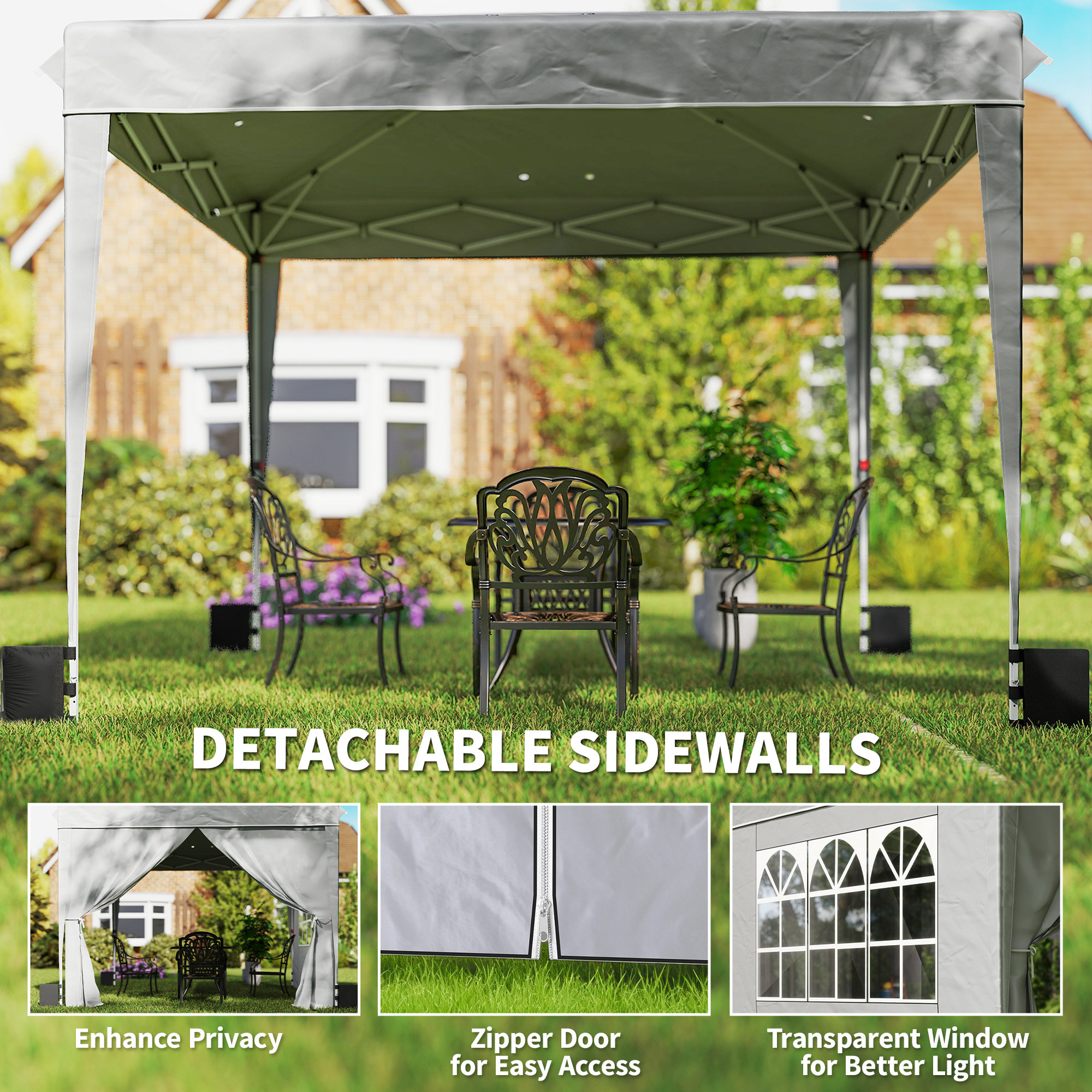  10 x 10 ft Pop Up Canopy Tent with Sidewalls, UPF50+ Outdoor Portable Instant Canopy Shelter with Carry Bag, Light Gray