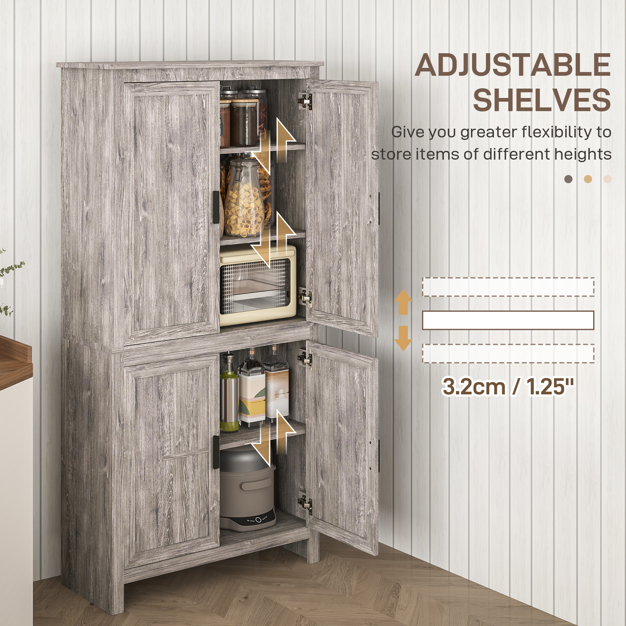  64" 4-Door Kitchen Pantry, Freestanding Storage Cabinet with 3 Adjustable Shelves for Kitchen, Gray Oak