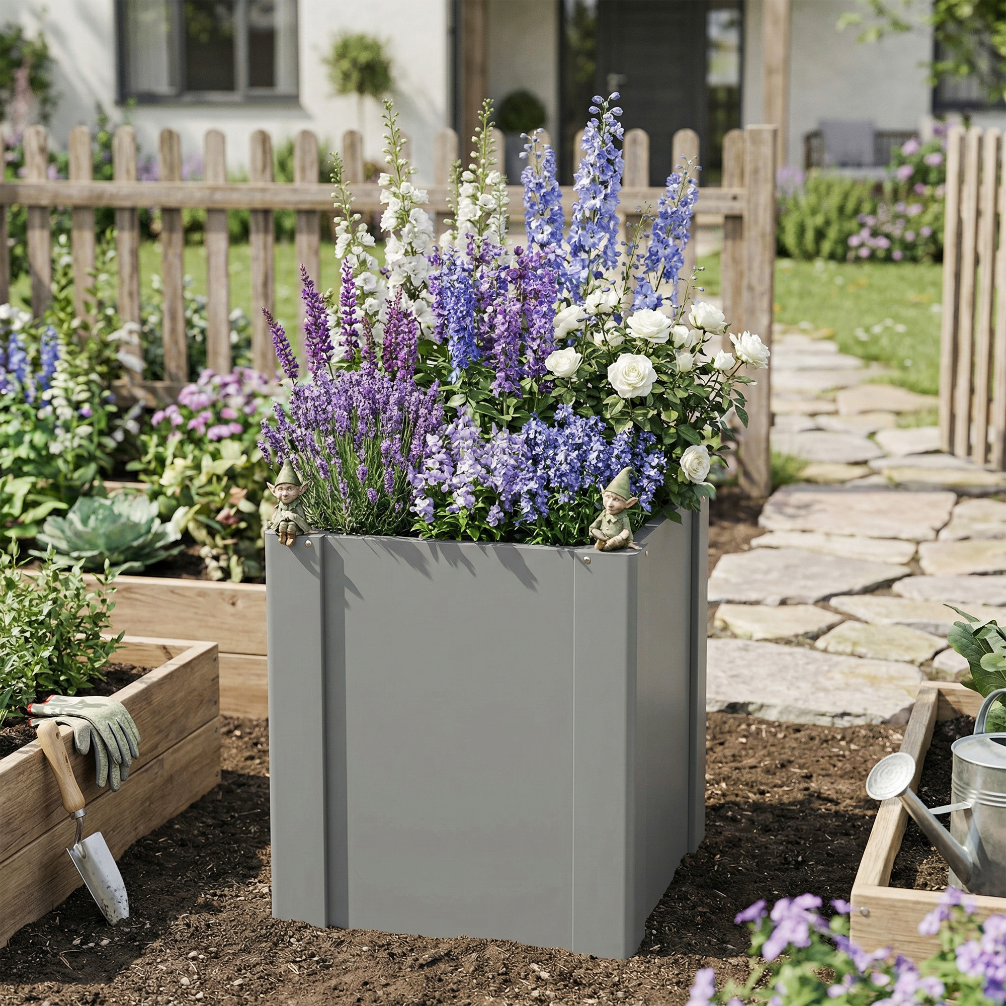  Raised Garden Bed Galvanized Planter Box Outdoor with Gloves for Gardening Vegetables, Flower, Herb, 1.4 x 1.4 x 1.5 ft, Gray