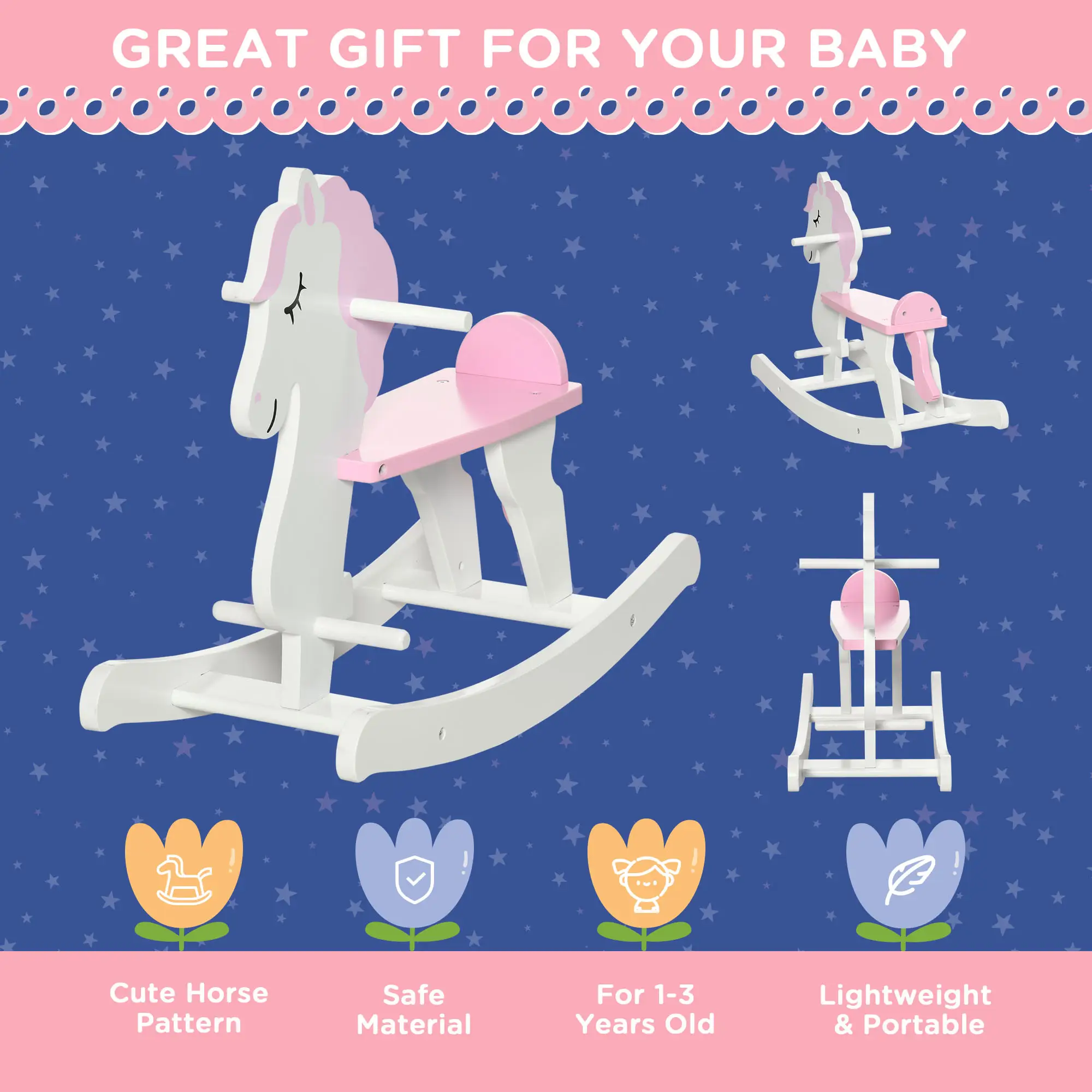 Little Wooden Rocking Horse Toy for Kids Imaginative Play, Childrens Small Baby Rocking Horse Ride-on Toy for Toddlers 1-3, Pink and White