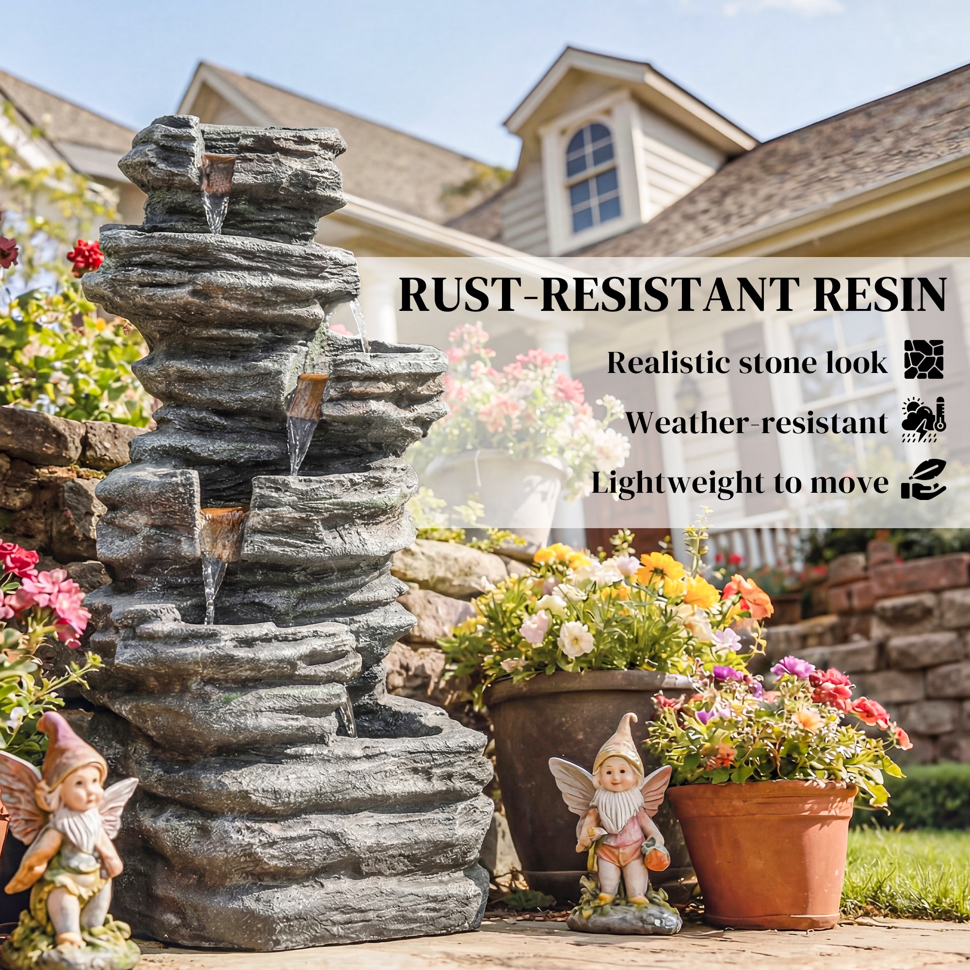  40" Tall Outdoor Waterfall Fountain with LED Lights, 6-Tier Cascading Waterfall Feature, Resin Garden Fountain, Gray