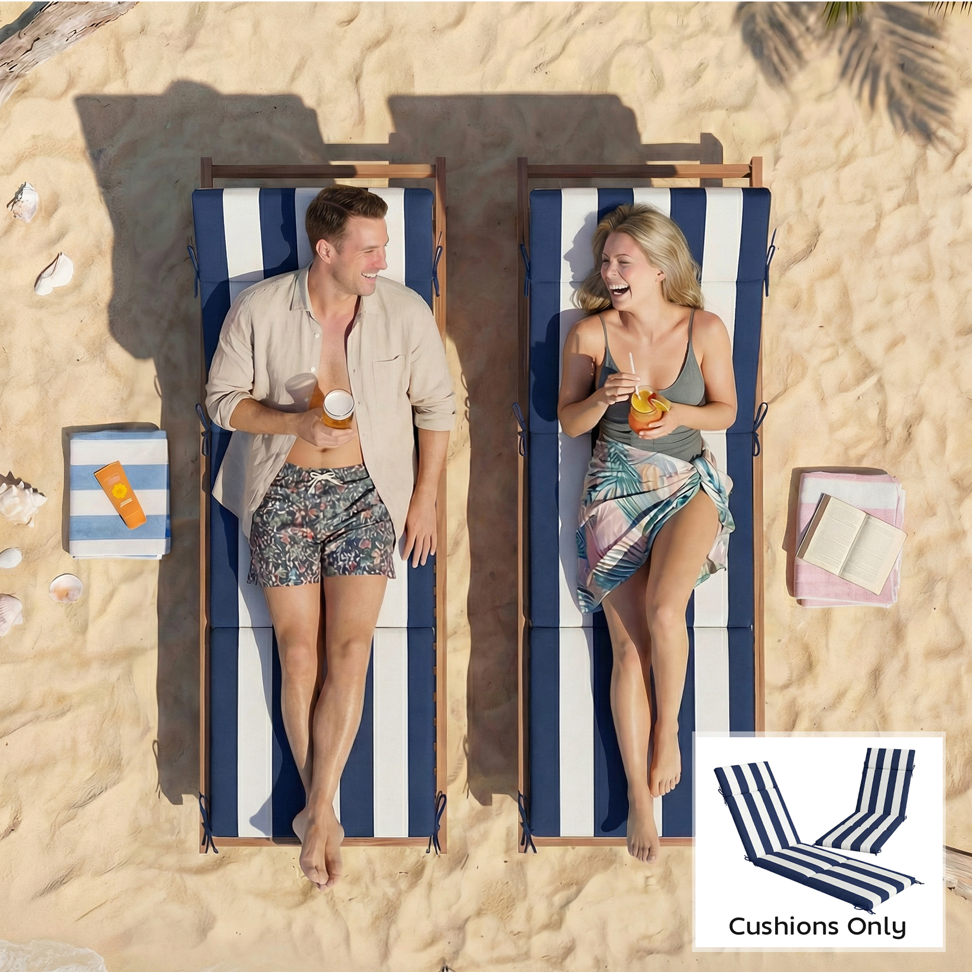  Outdoor Chaise Lounge Cushions Set of 2 with 6 Ties, High-Density Foam, for Patio and Poolside, Dark Blue and White