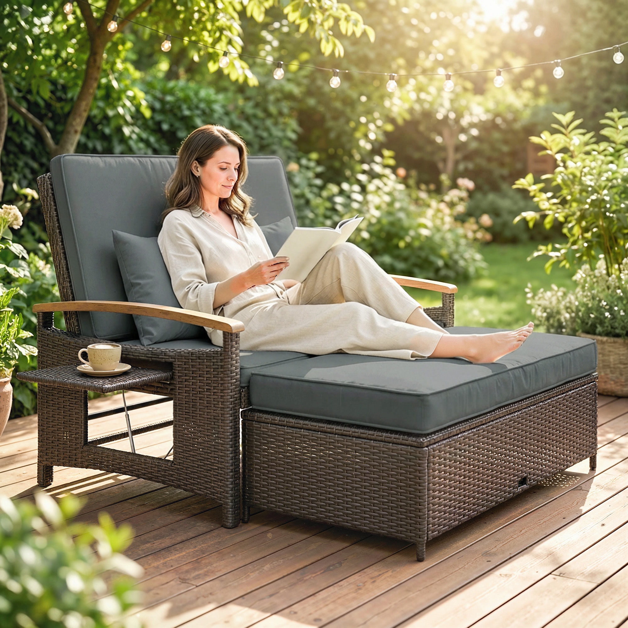  Rattan Outdoor Daybed w/4-Level Adjustable Backrest, Patio Sofa Bed w/Storage Ottoman, Acacia Wood Armrest, Mixed Gray