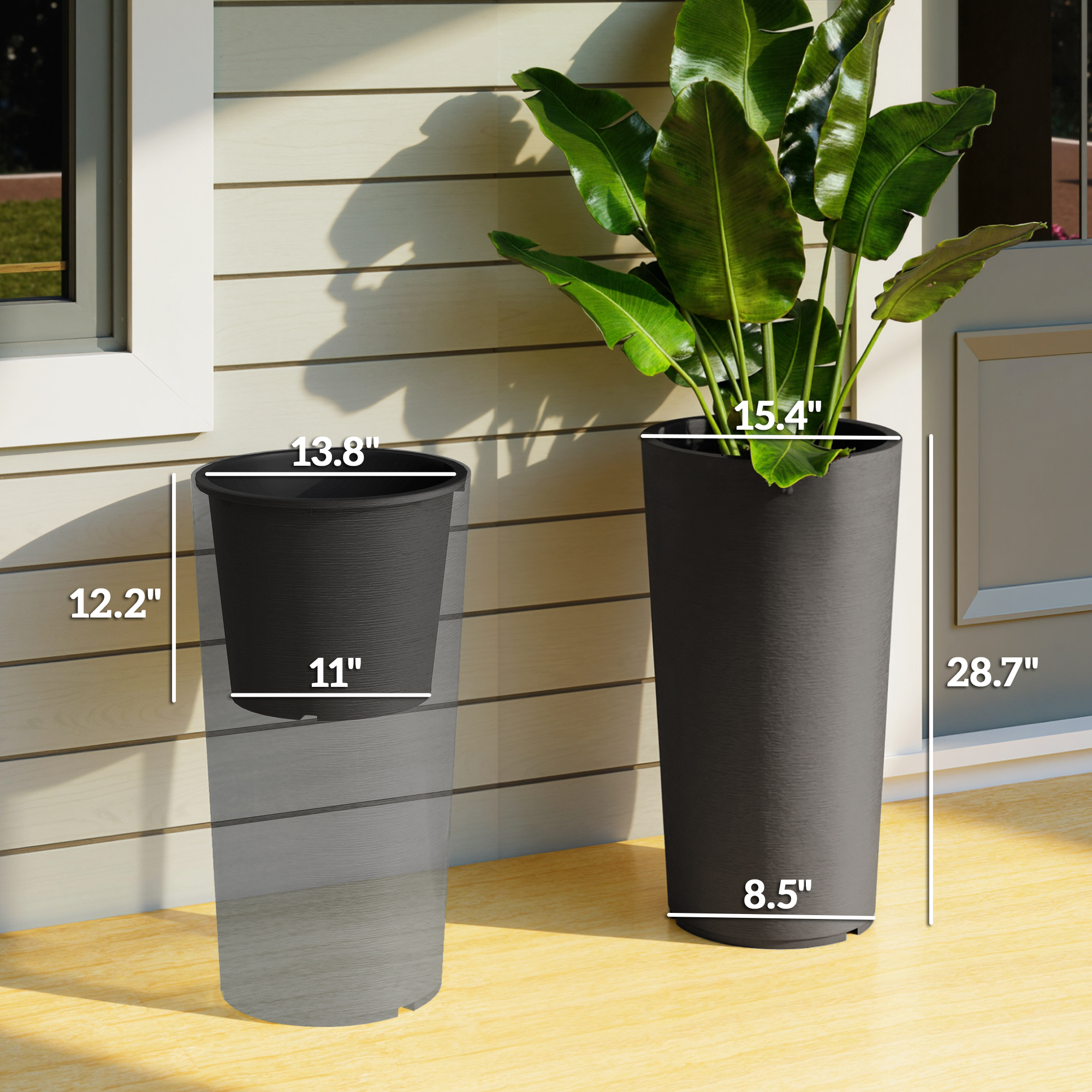  29 Inch Outdoor Planter, Set of 2 Plastic Flower Pots, Weather and UV Resistant Stackable Large Planters, Black