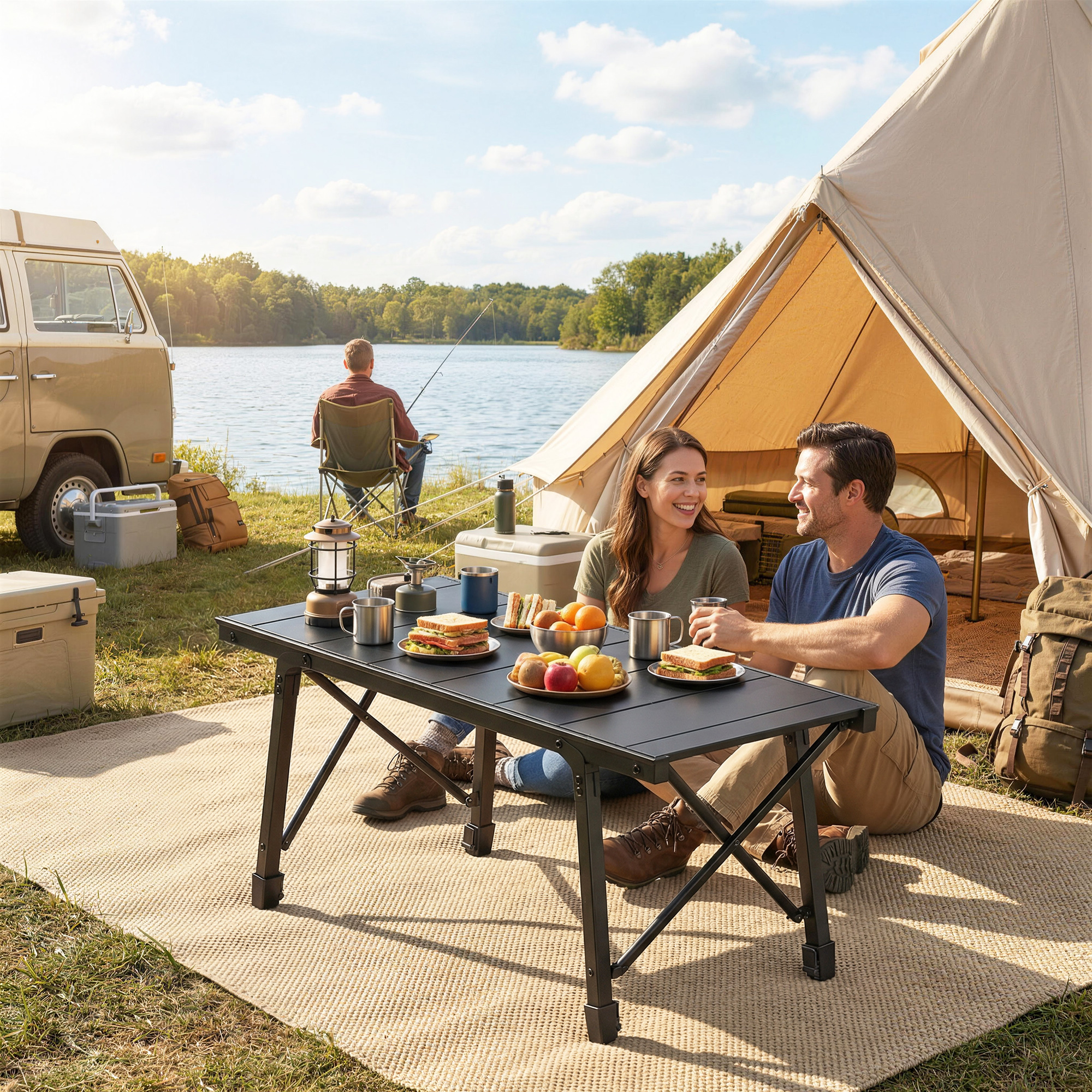  Adjustable Height Folding Picnic Table with Removable Plates, Aluminum Camping Table, Black