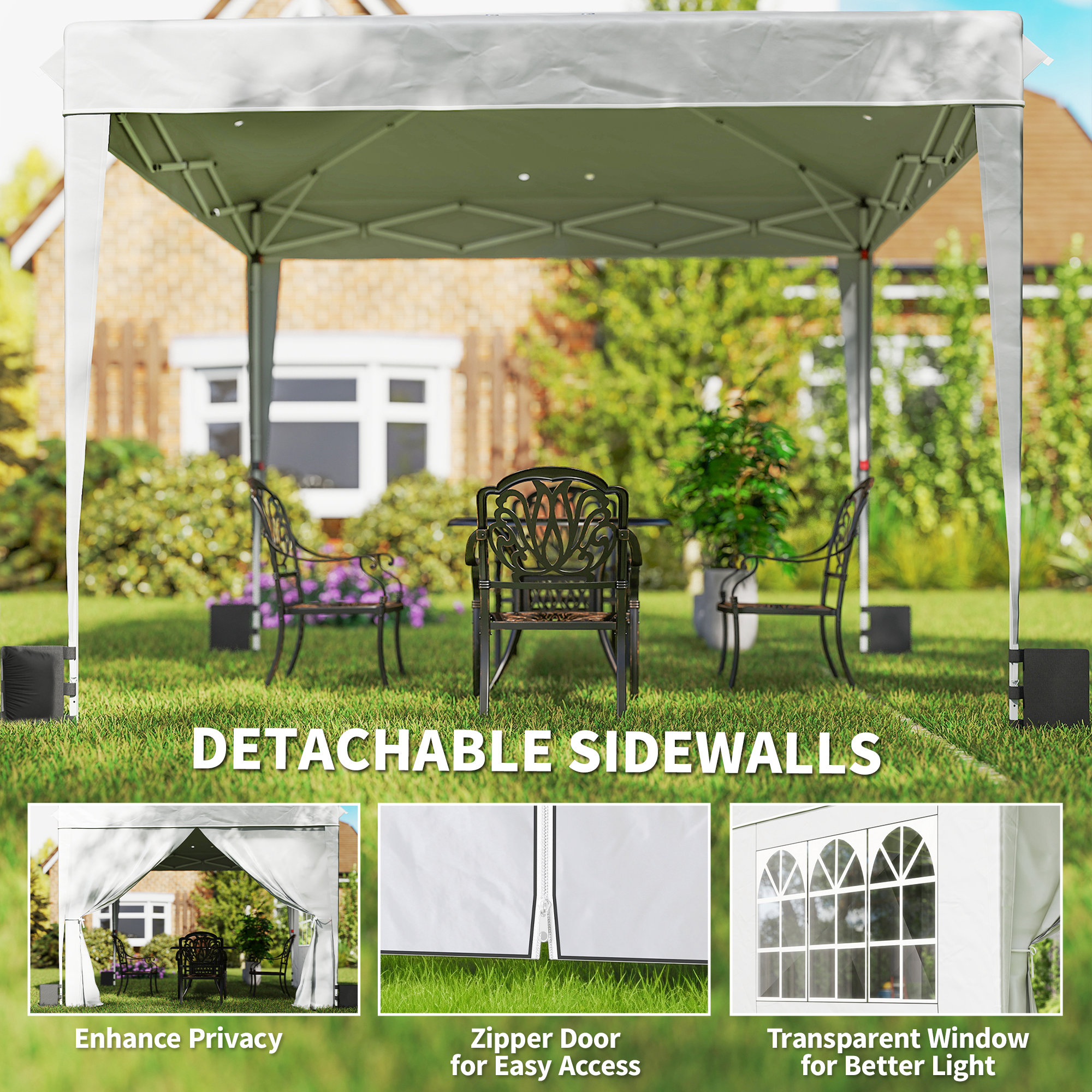  10 x 10 ft Pop Up Canopy Tent with Sidewalls, UPF50+ Outdoor Portable Instant Canopy Shelter with Carry Bag, White