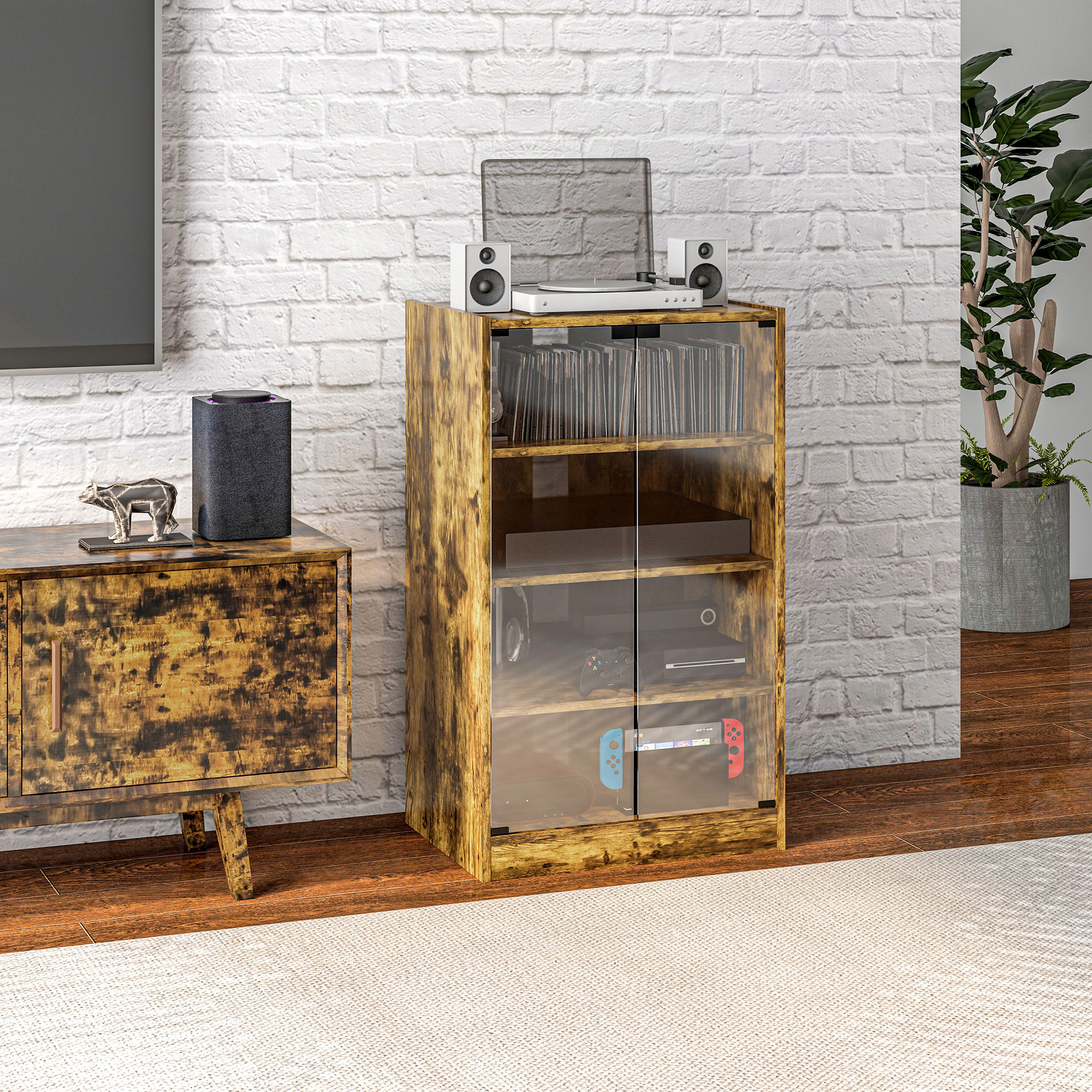 5-Tier Media Cabinet, Media Stand with Adjustable Shelves, Tempered Glass Doors, and Cable Management, Rustic Brown - 8