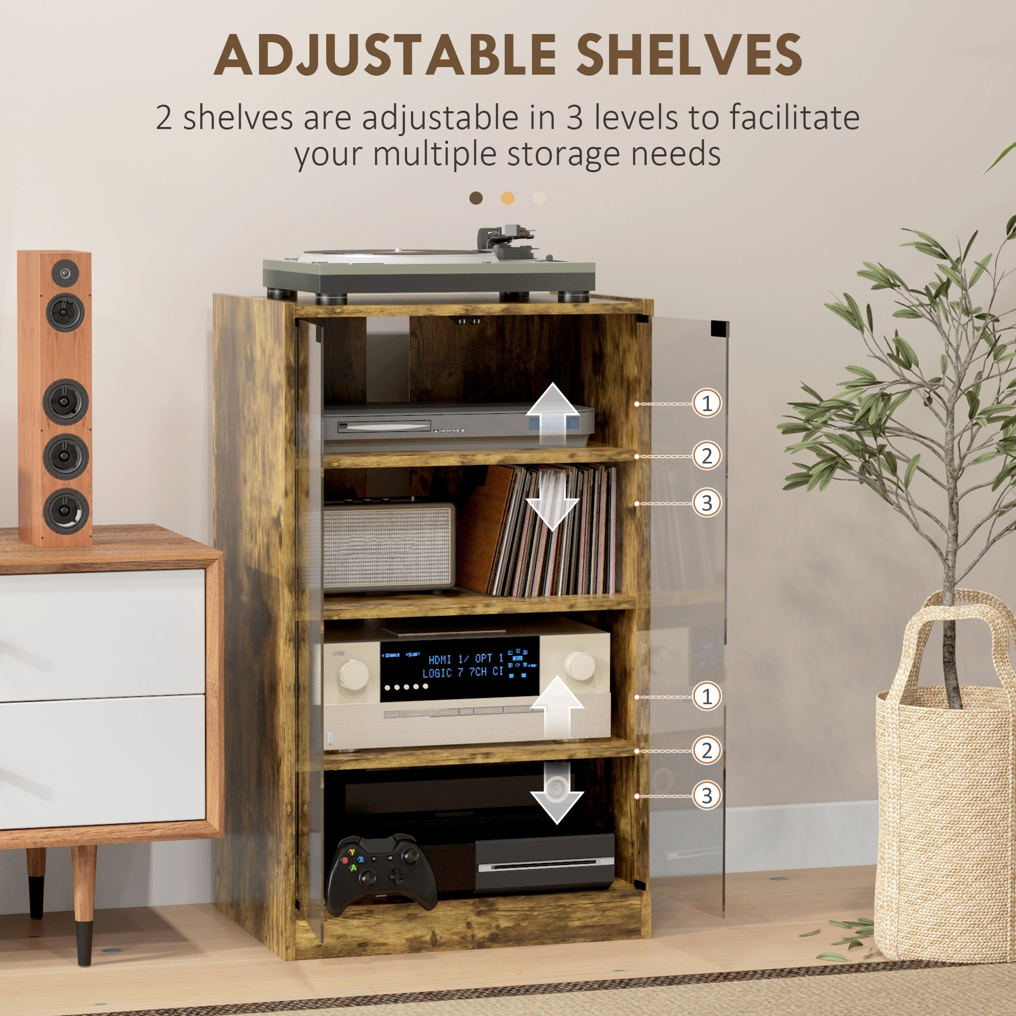 5-Tier Media Cabinet, Media Stand with Adjustable Shelves, Tempered Glass Doors, and Cable Management, Rustic Brown - 3