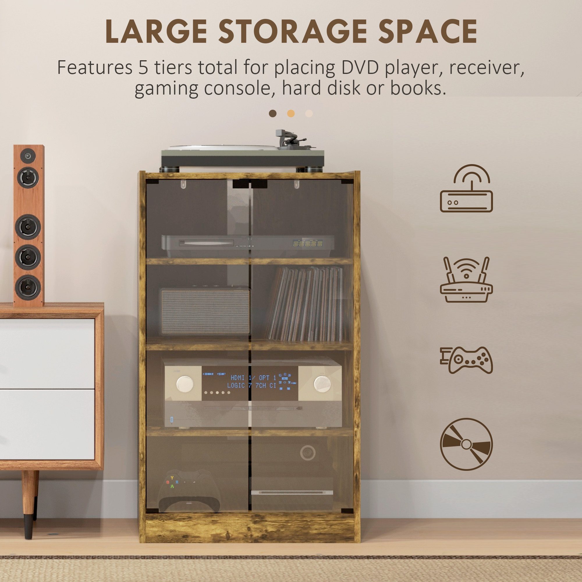 5-Tier Media Cabinet, Media Stand with Adjustable Shelves, Tempered Glass Doors, and Cable Management, Rustic Brown - 4