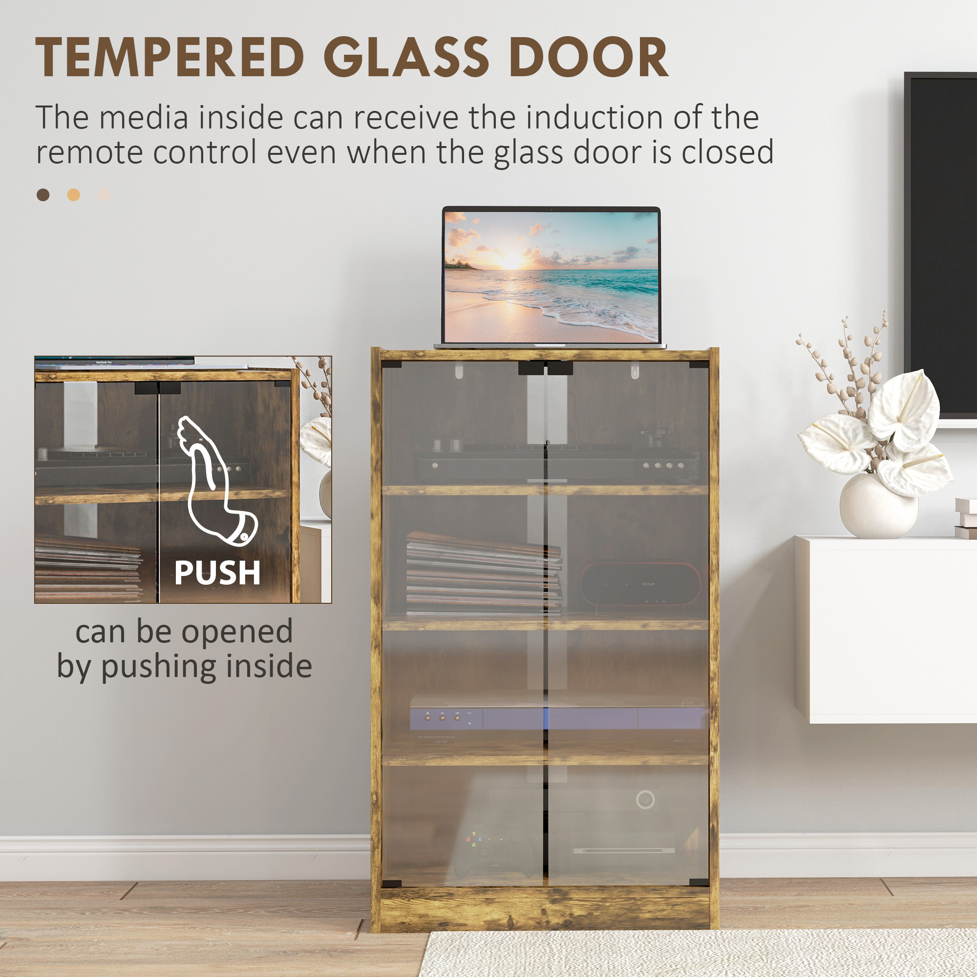 5-Tier Media Cabinet, Media Stand with Adjustable Shelves, Tempered Glass Doors, and Cable Management, Rustic Brown - 6