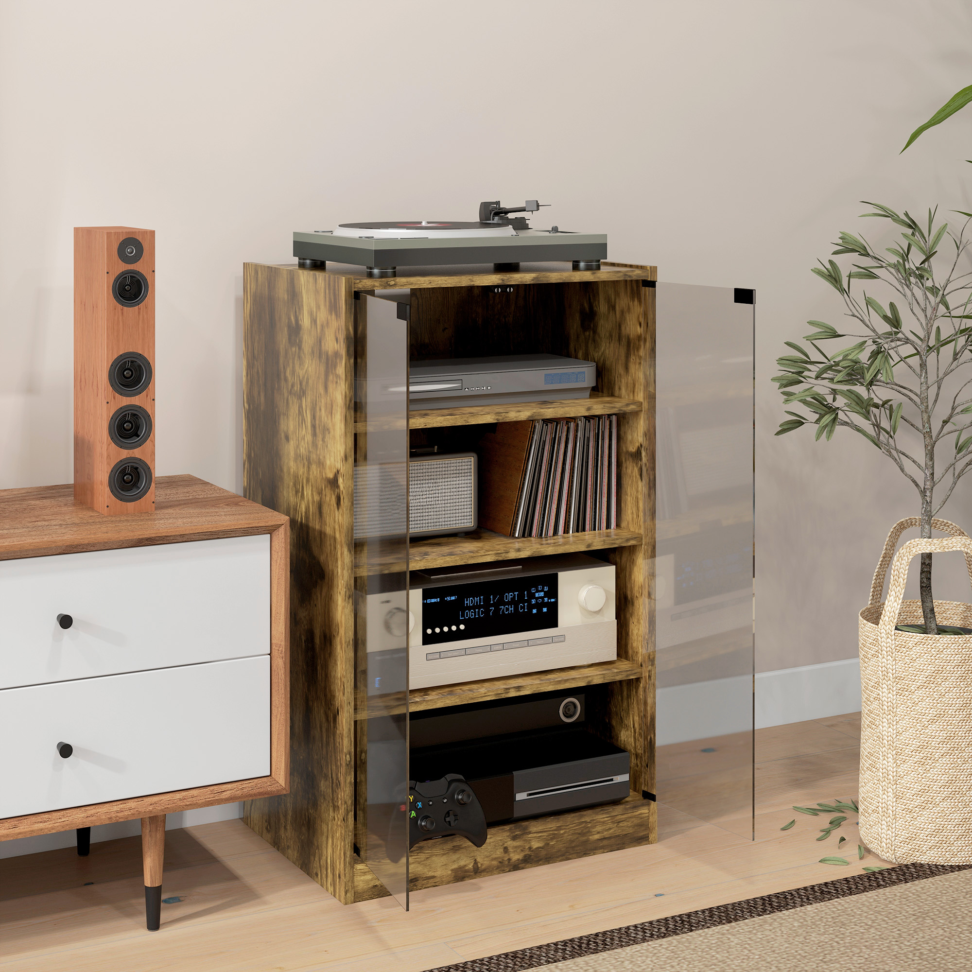 5-Tier Media Cabinet, Media Stand with Adjustable Shelves, Tempered Glass Doors, and Cable Management, Rustic Brown - 7