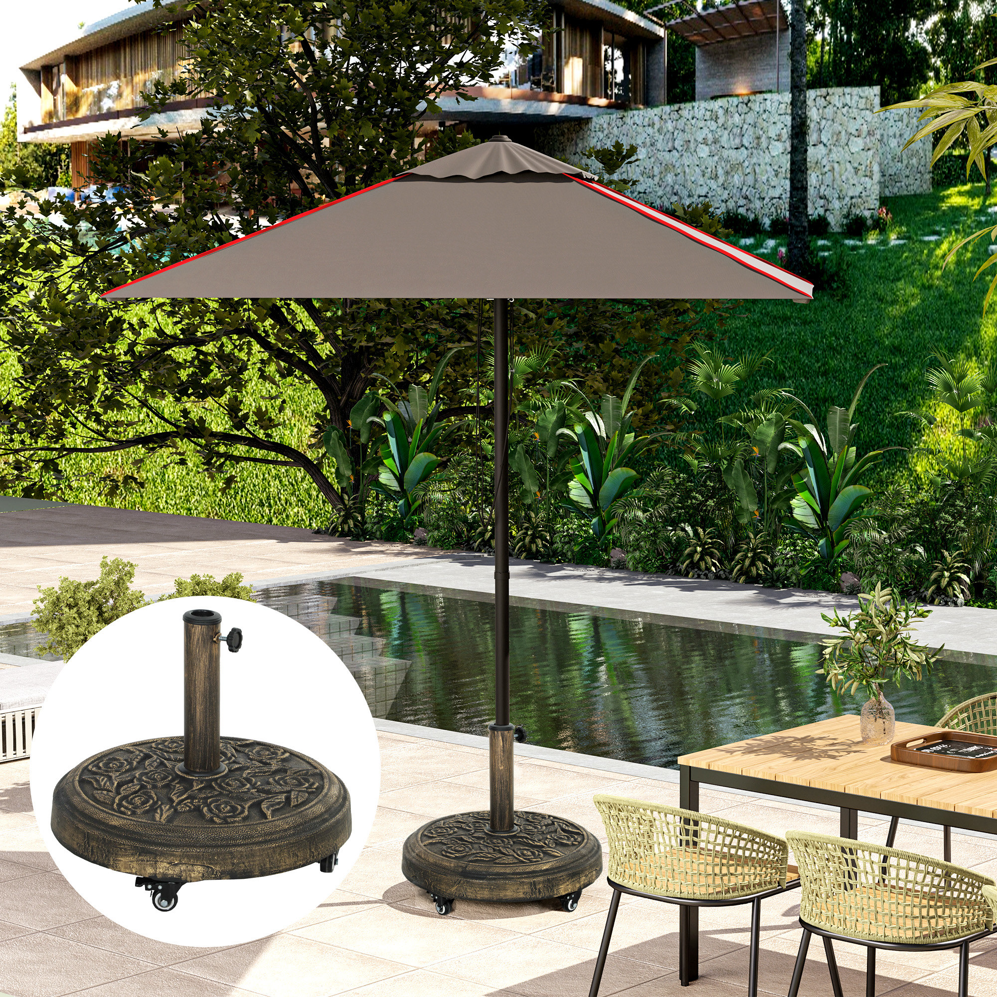  Round Patio Umbrella Base, 46 lbs Resin Umbrella Base with Wheels, Outdoor Umbrella Stand for 1.3"/1.5"/1.9" Umbrella Poles for Outdoor, Lawn, Poolside, Bronze