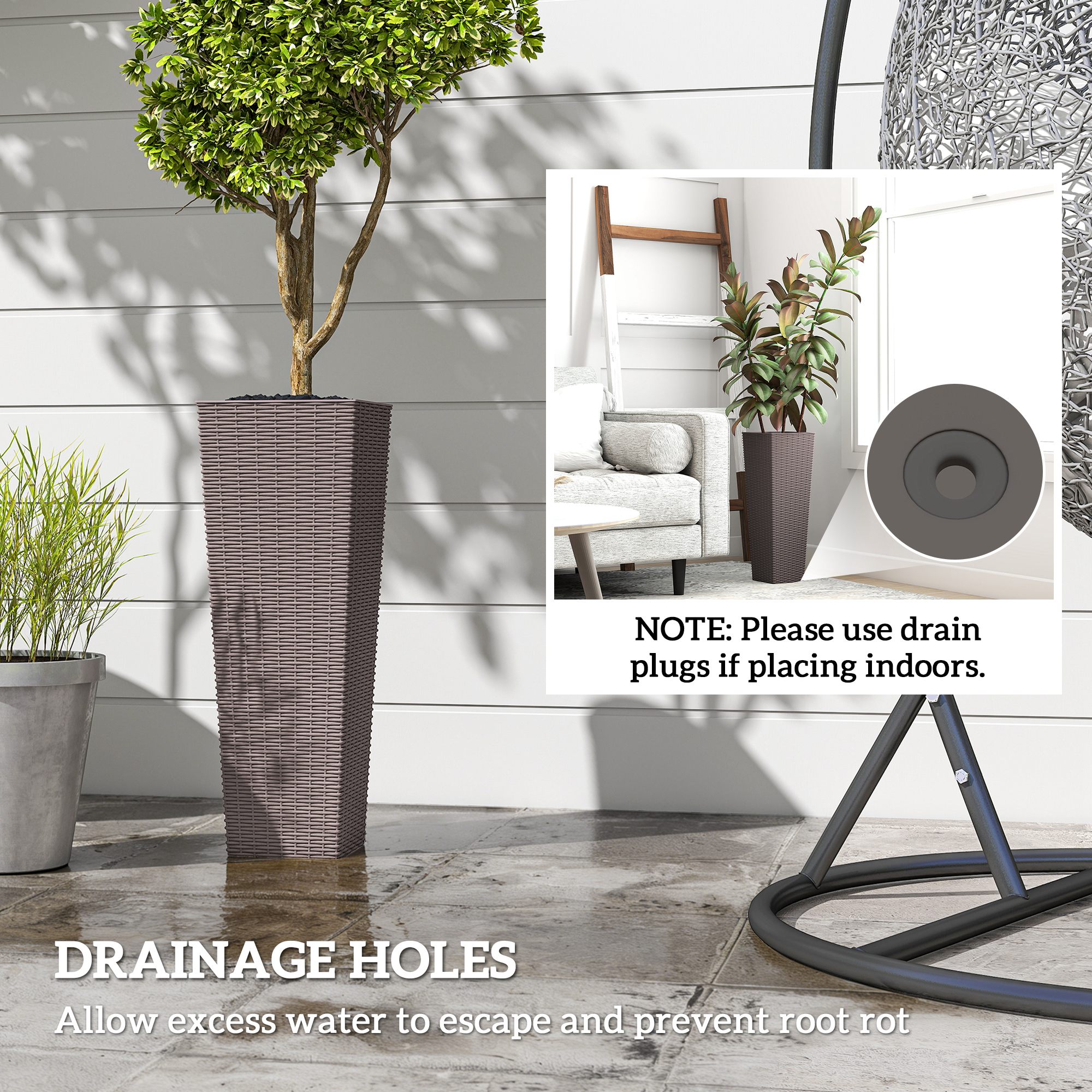  23.6 Inch Tall Planters for Outdoor Plants, Set of 2 Plastic Flower Pots with Drainage Holes, Brown