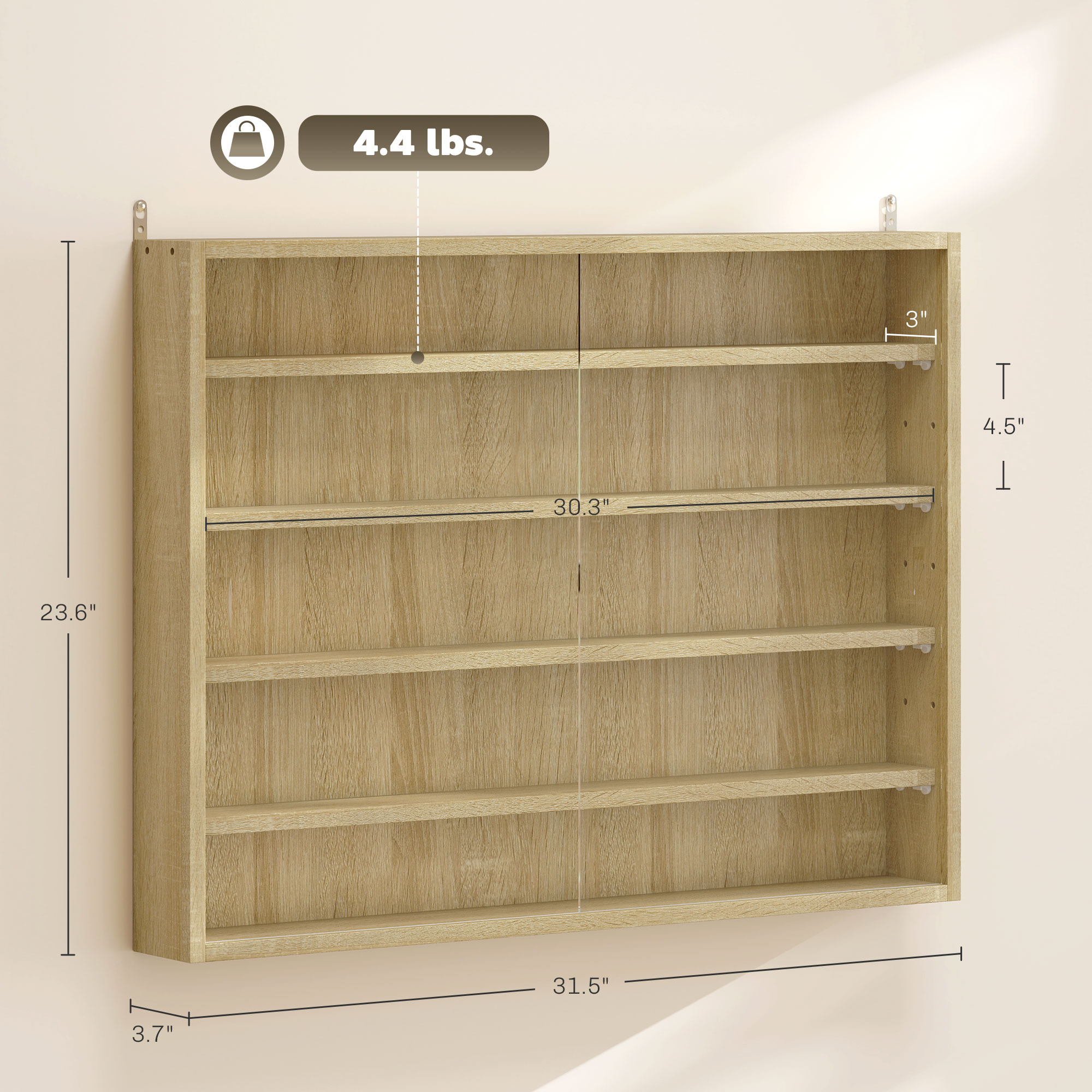5-Tier Display Cabinet, Wall-Mounted Display Case with 2 Glass Doors and Adjustable Shelves, Oak image 2