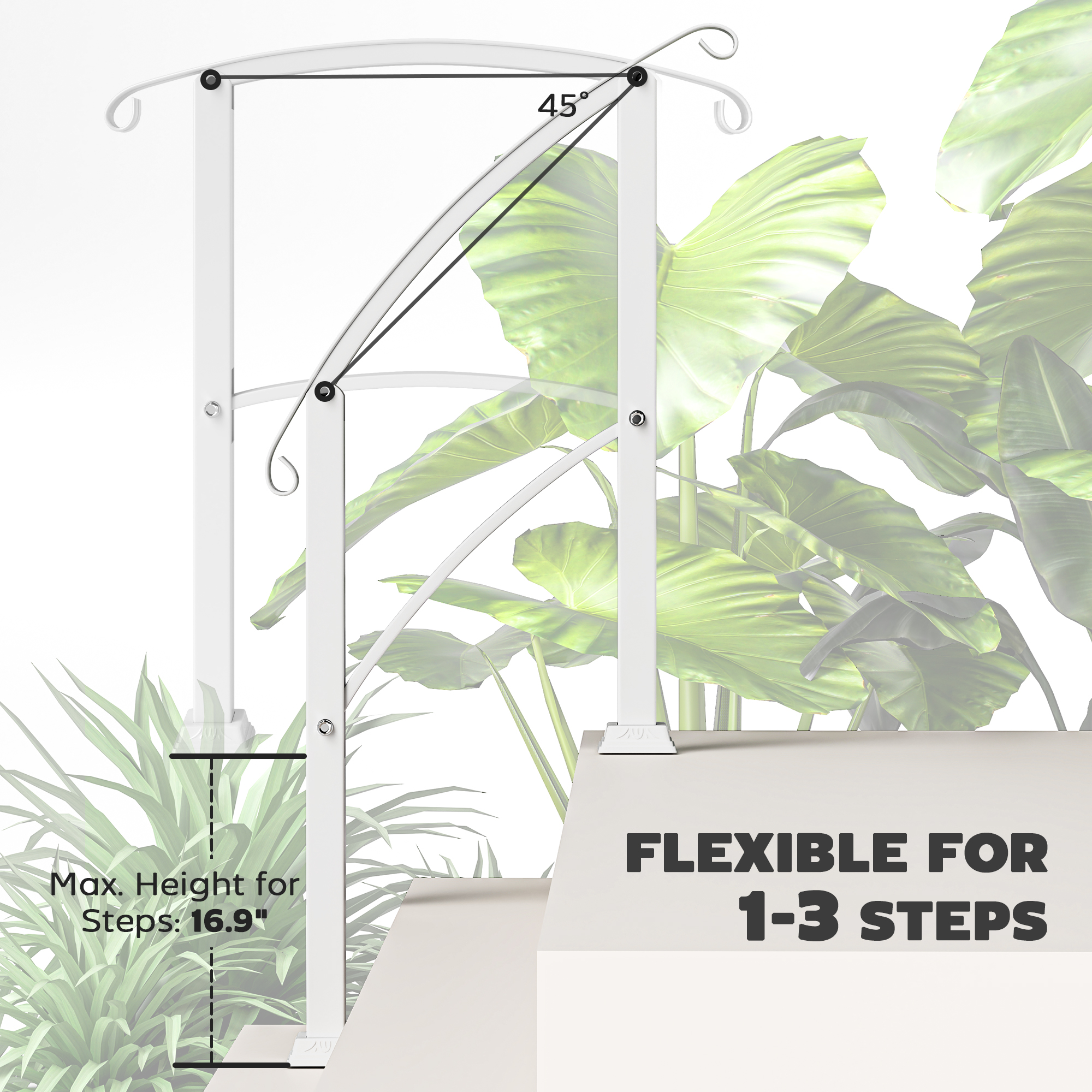  1-3 Step Metal Handrails for Outdoor Steps, Porch Deck Stair Railing with Installation Kit for Concrete Steps, White