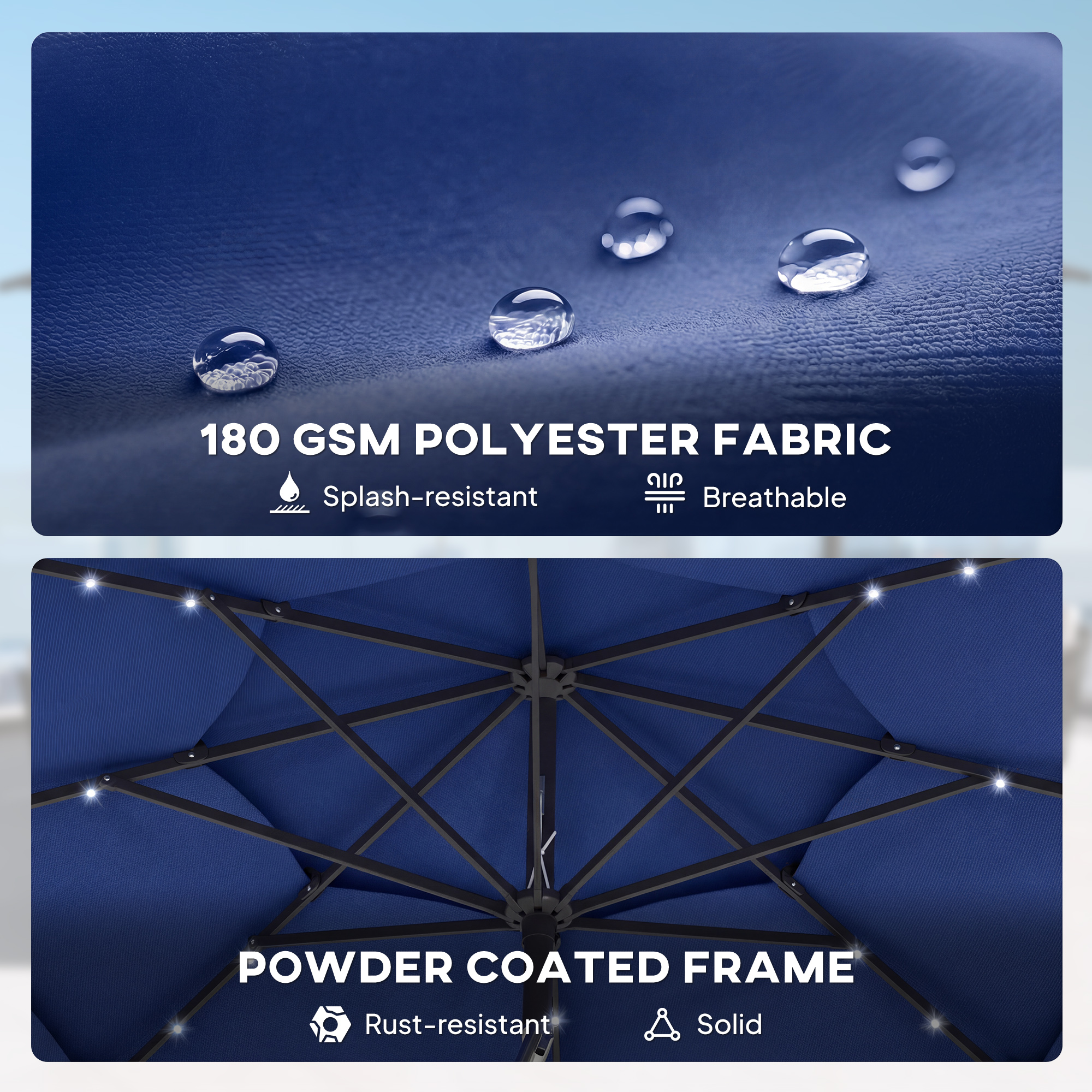  9.7 ft Outdoor Patio Umbrella with Solar LED Lights, 3 Tier Outdoor Table Umbrella with Tilt, Crank, Navy Blue