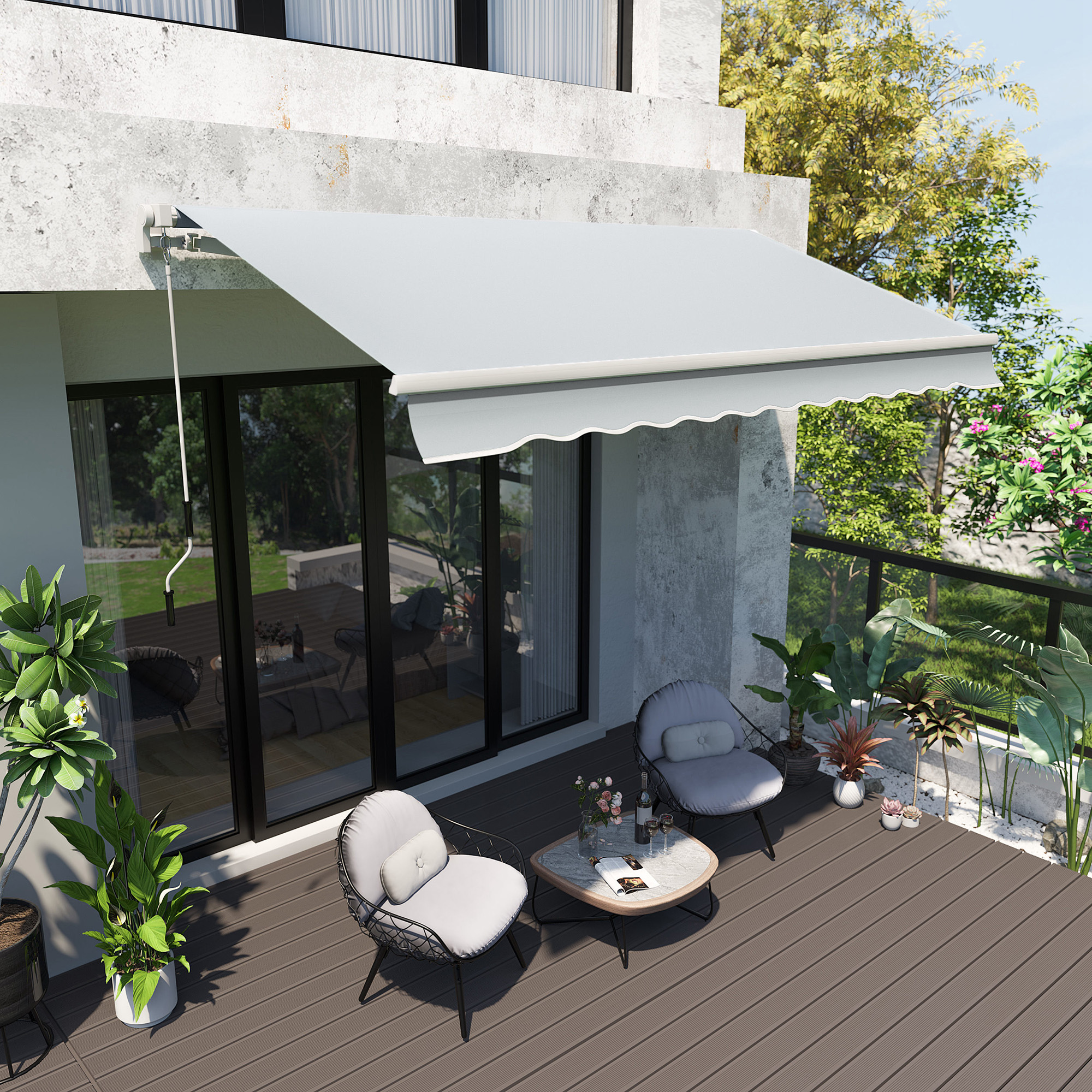12' x 8' Retractable Awning Patio Awnings Sun Shade Shelter with Manual Crank Handle, 280g/m² UV & Water-Resistant Fabric and Aluminum Frame for Deck, Balcony, Yard, Light gray - Image 1