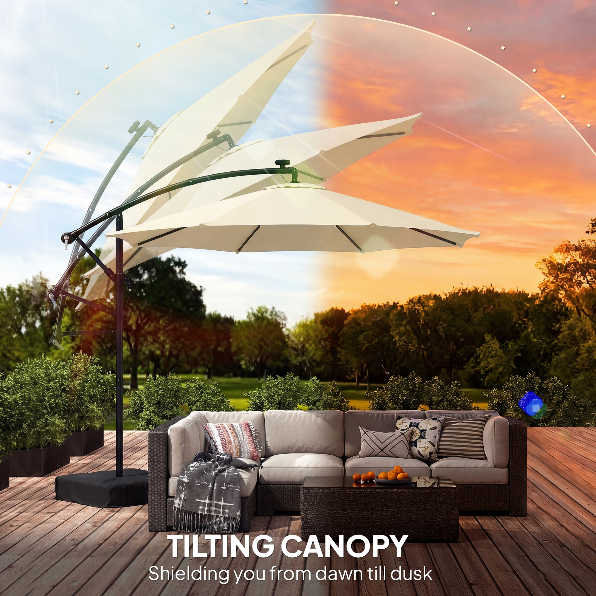  10 ft Cantilever Patio Umbrella with Light, Weight, Offset Hanging Outdoor Umbrella with Protective Cover, Cream White