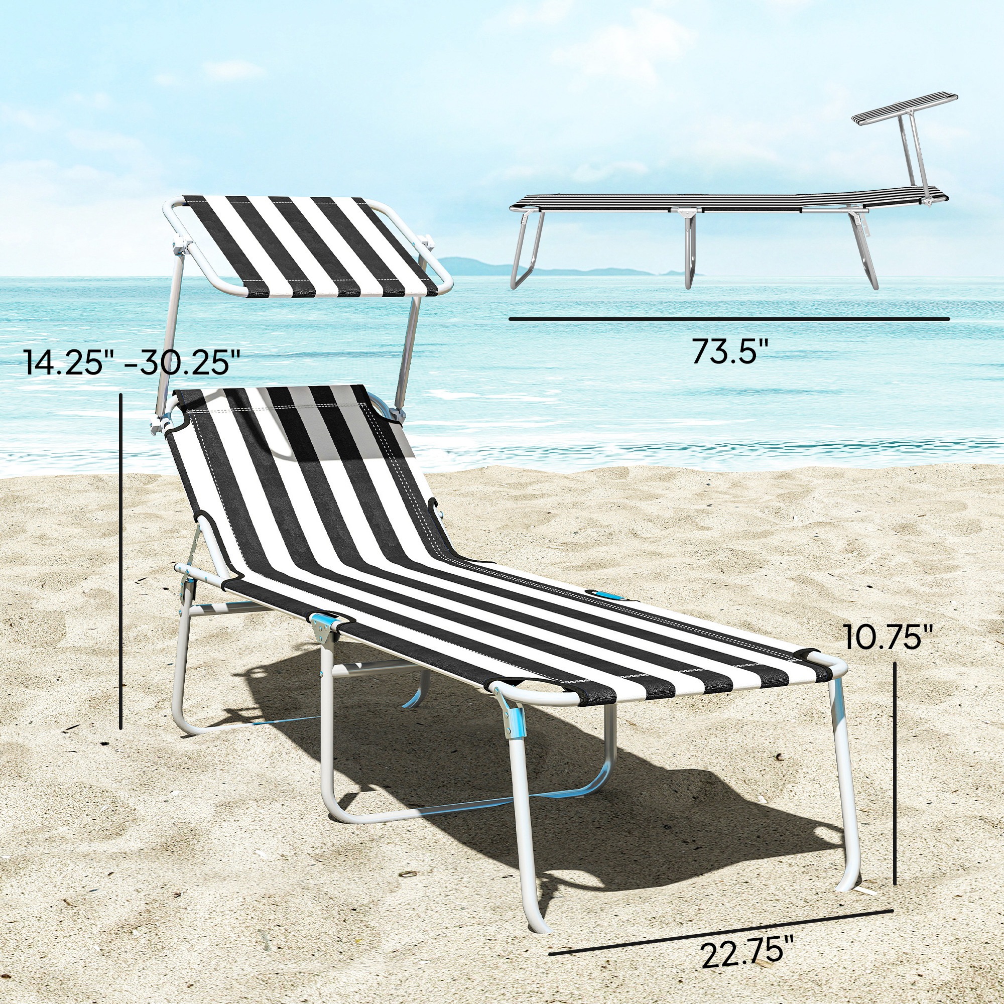  Outdoor Pool Chaise Lounge Chair, Folding Tanning Chair with Sun Shade, Black and White