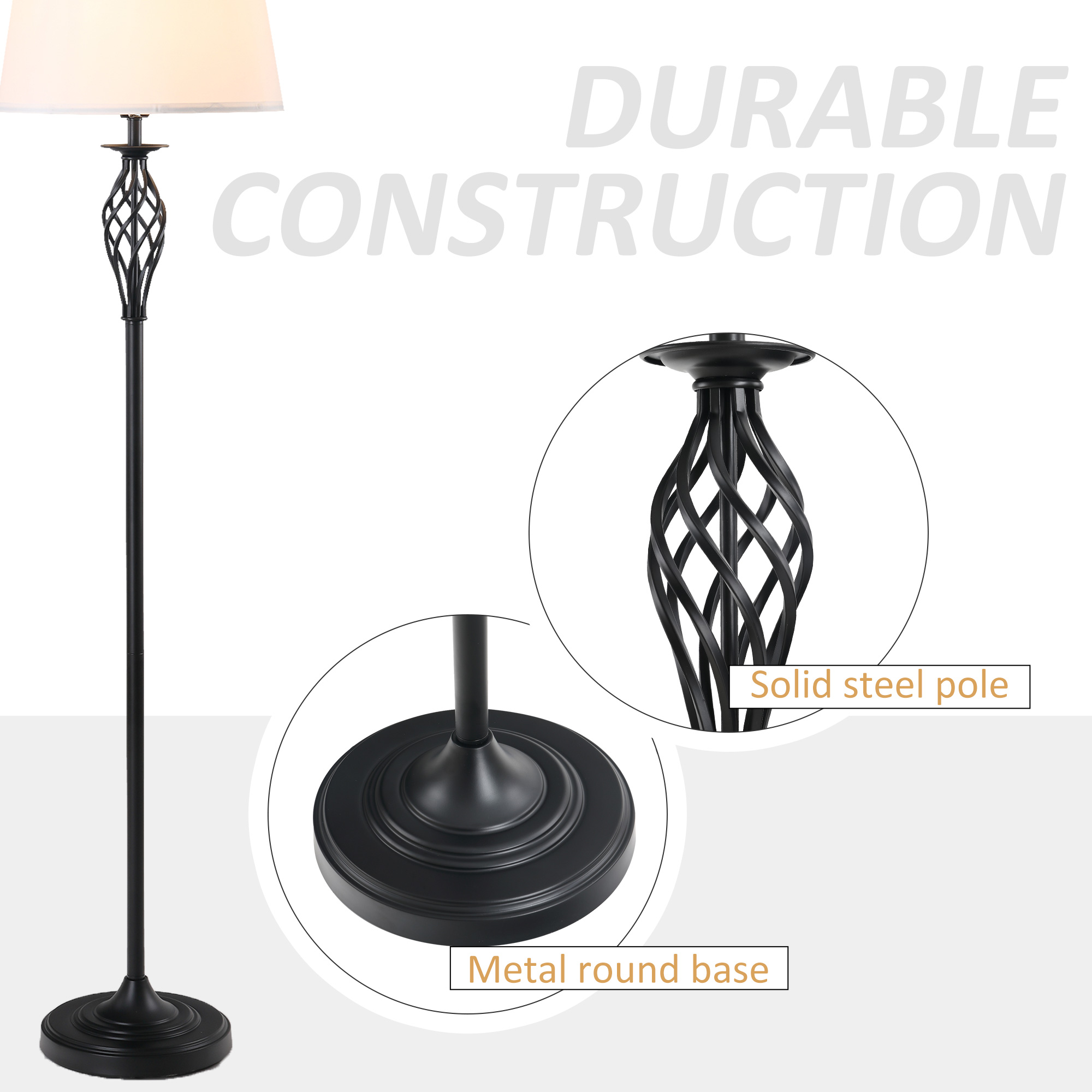  3 Piece Table Floor Lamp Set with Metal Pole, Round Base, and Fabric Lampshade, for Living Room, Black/White