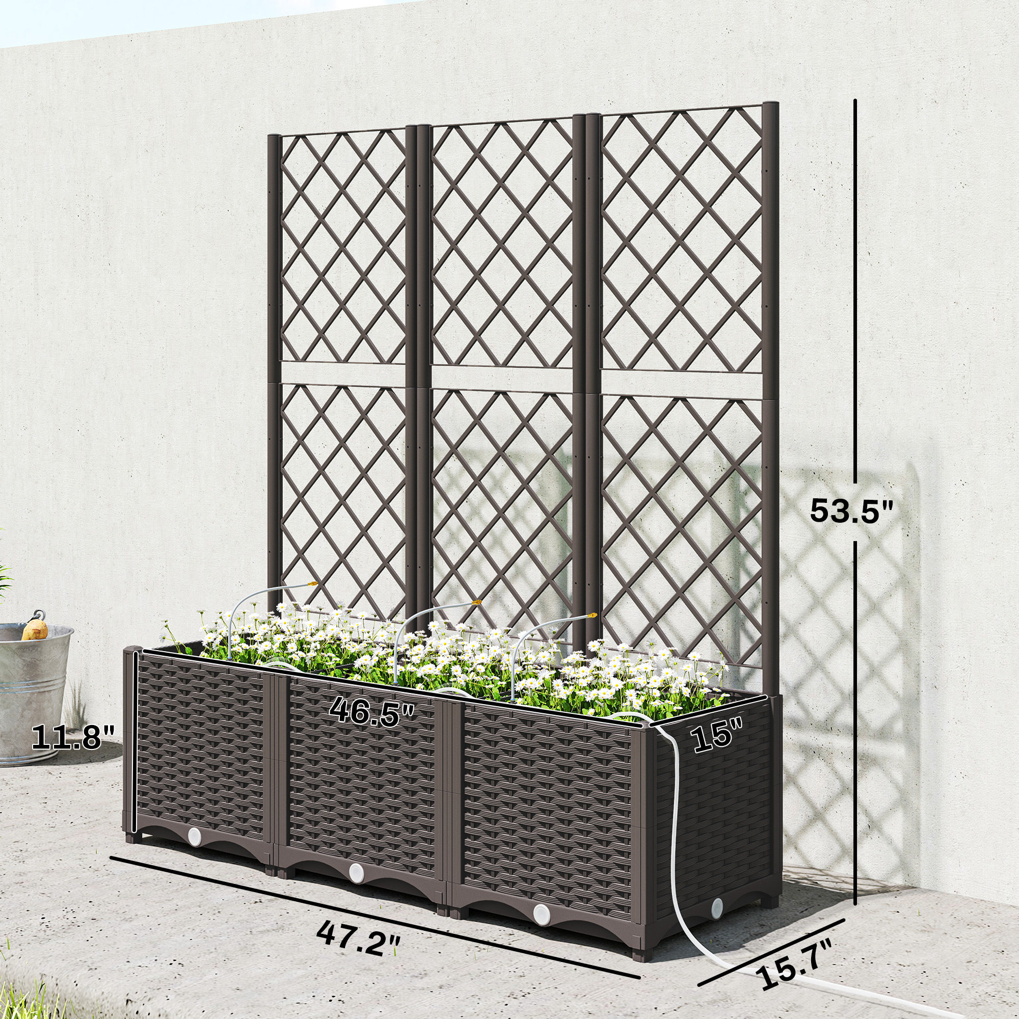  3PCS Plastic Planter Box with Trellis, Self-Watering Raised Garden Bed with Trellis and Automatic Watering Timer Kit