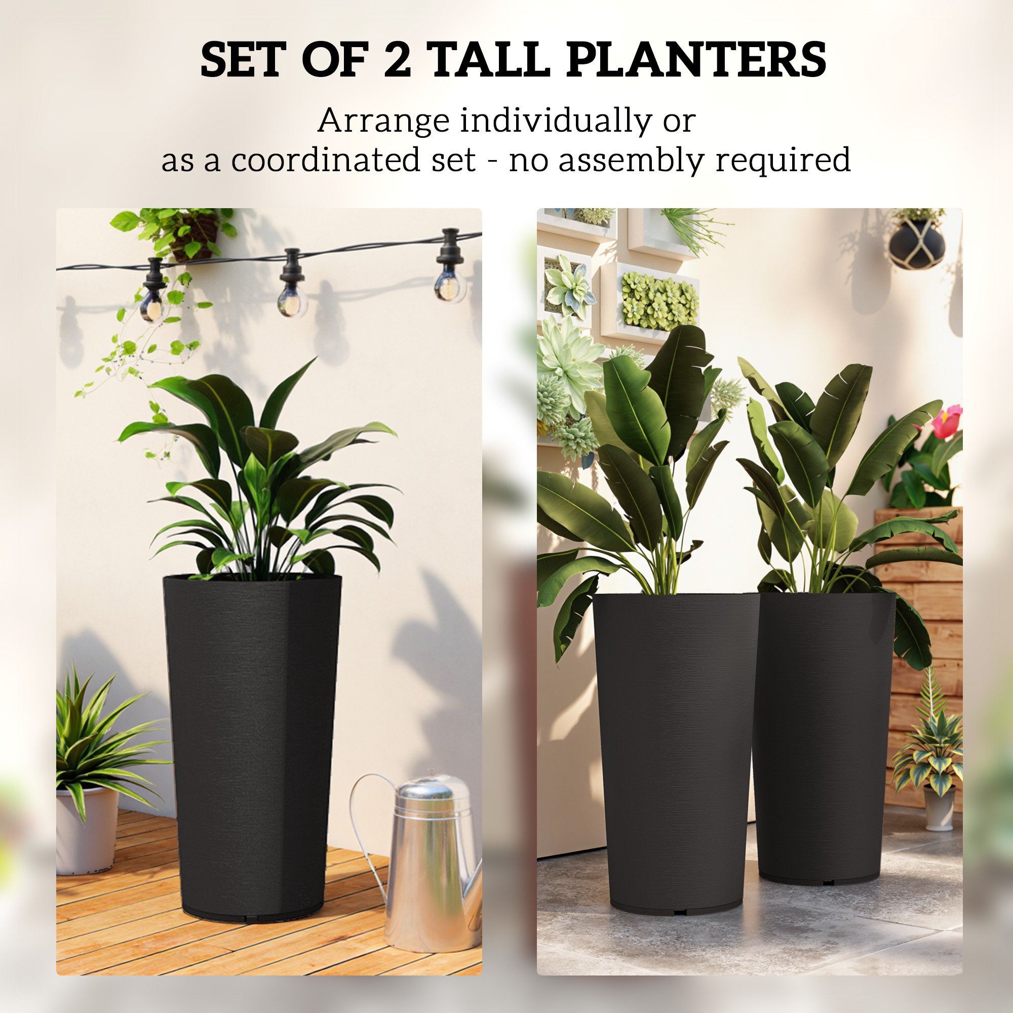  29 Inch Outdoor Planter, Set of 2 Plastic Flower Pots, Weather and UV Resistant Stackable Large Planters, Black