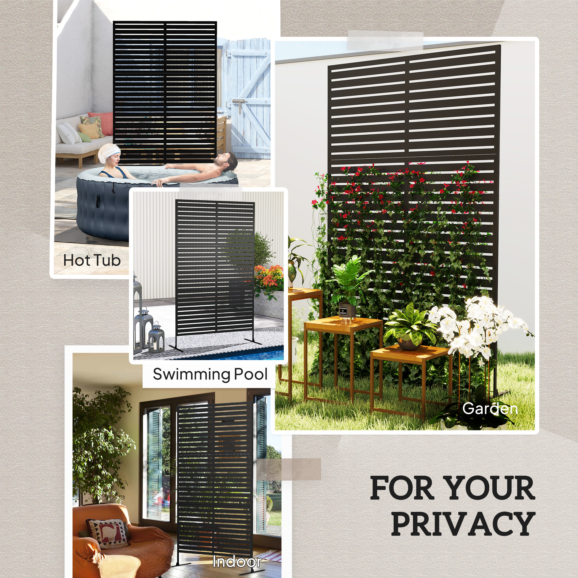  Decorative Privacy Fence Screen, Metal Outdoor Privacy Screen Climbing Plant Trellis with Stand, 78" H x 48" W, Black