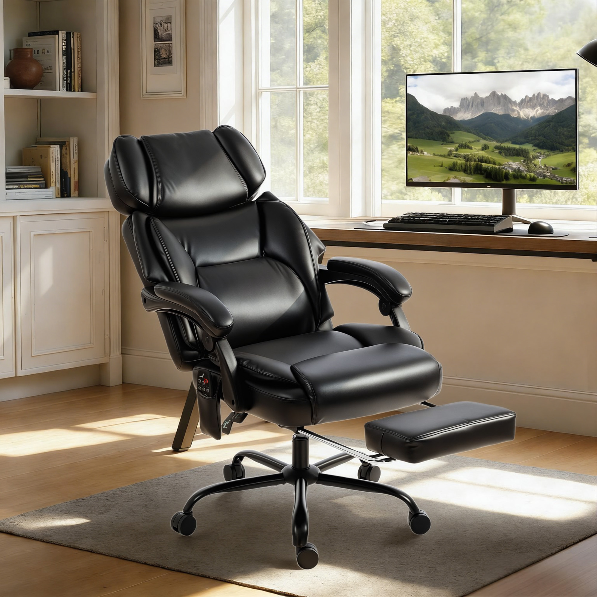  High Back Vibration Massage Office Chair Heated Reclining Computer Chair w/ Footrest, Swivel Wheels, Remote, Black