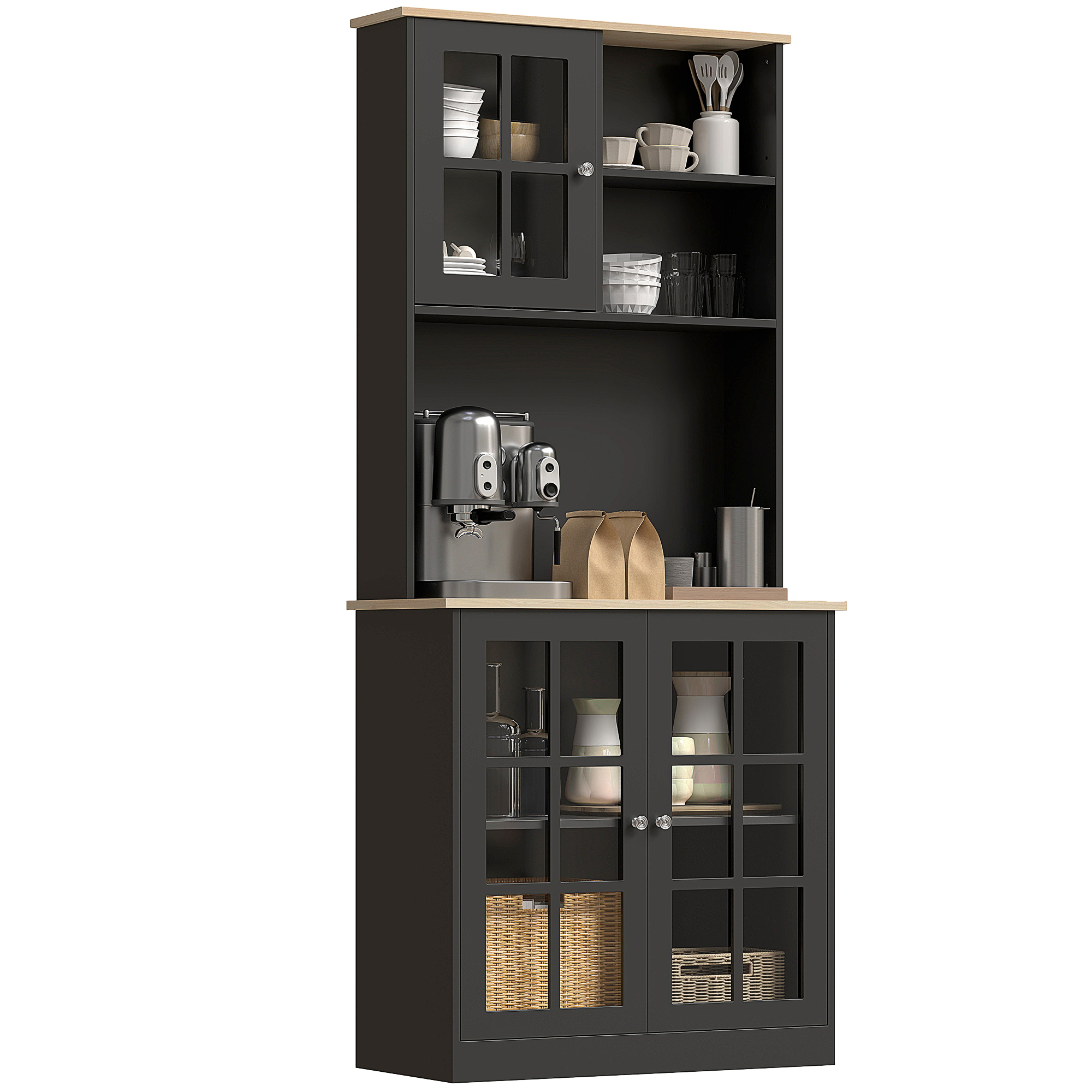 Kitchen Pantry Storage Cabinet, 72" Freestanding Cabinet with Hutch, Large Countertop, Glass Doors and Adjustable Shelves for Dining Room, Black image 16