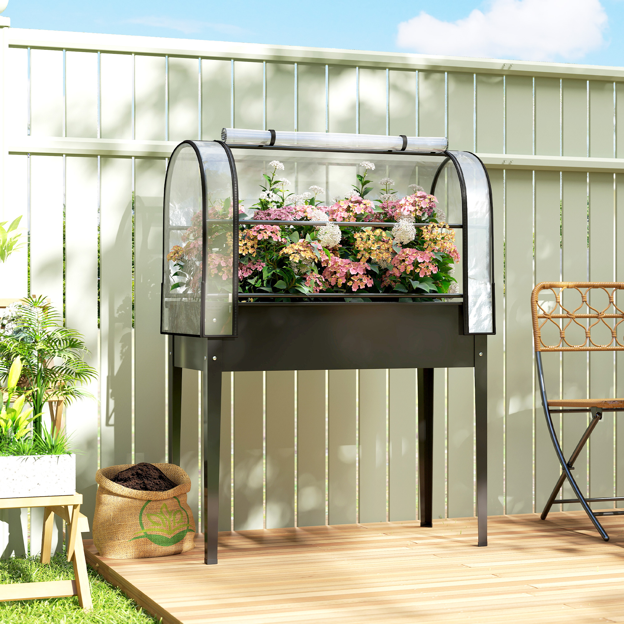  Raised Garden Bed with Flip-Up Greenhouse Cover, Metal Elevated Garden Bed with Legs and Drainage Hole, Black