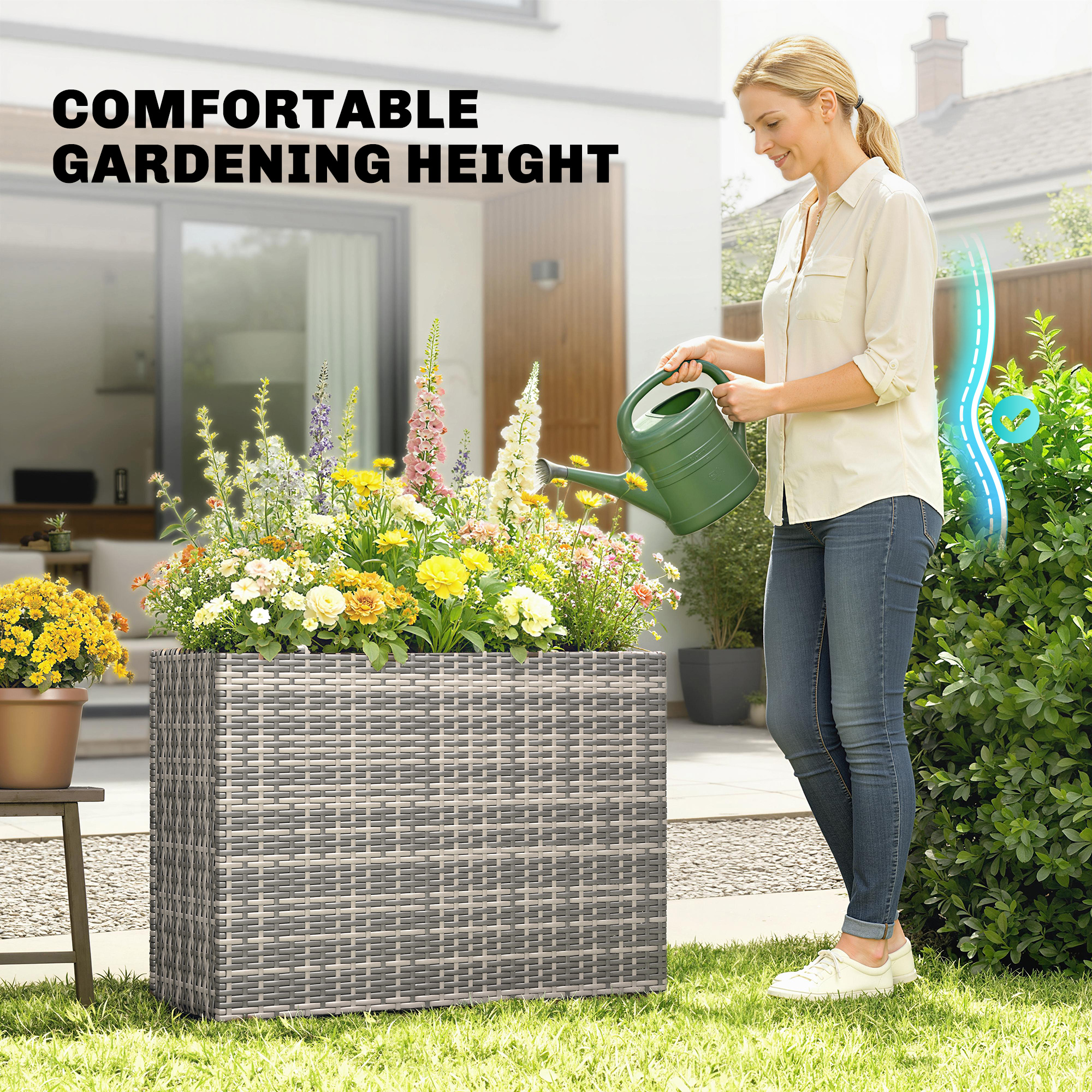  Tall Rectangular Planter with Removable Liner, Holes, PE Wicker Large Planter Box for Indoor Outdoor Plants, Gray