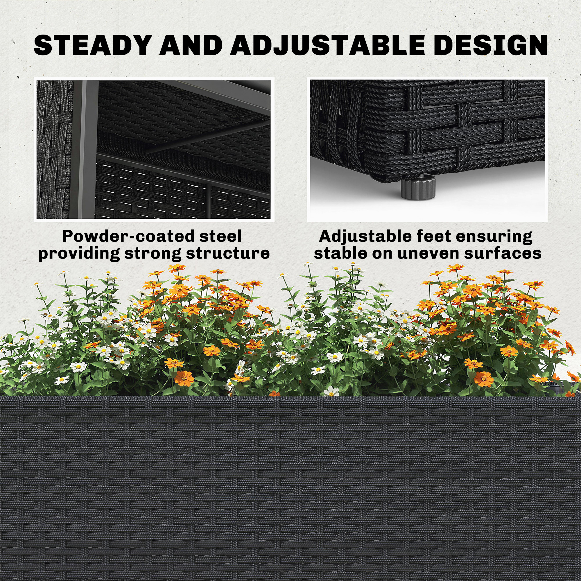  Tall Rectangular Planter with Removable Liner, Holes, PE Wicker Large Planter Box for Indoor Outdoor Plants, Black