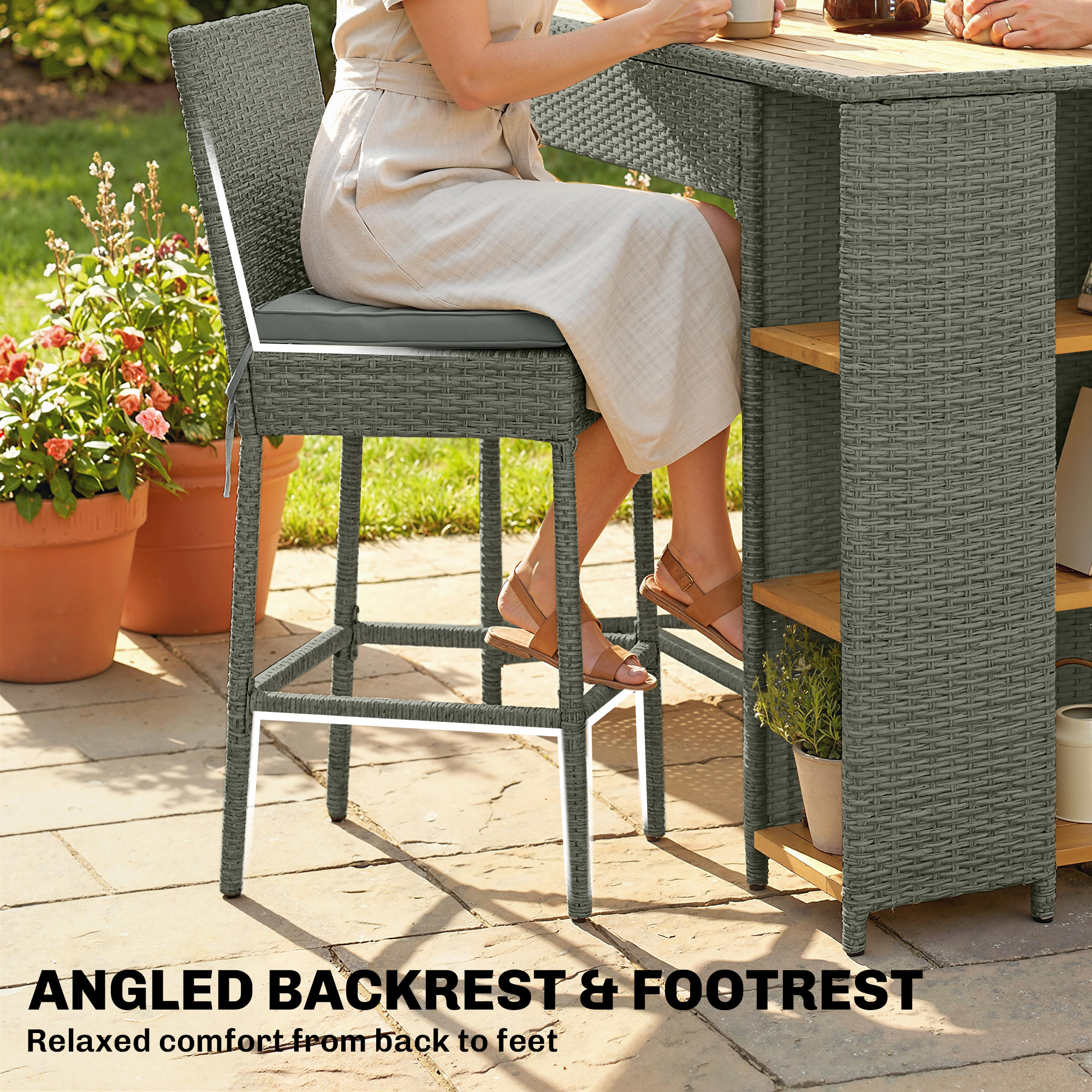  5 Piece Wicker Outdoor Bar Set, Acacia Wood Outdoor High Top Table and Chairs with 3 Tier Shelves, Cushions, Gray