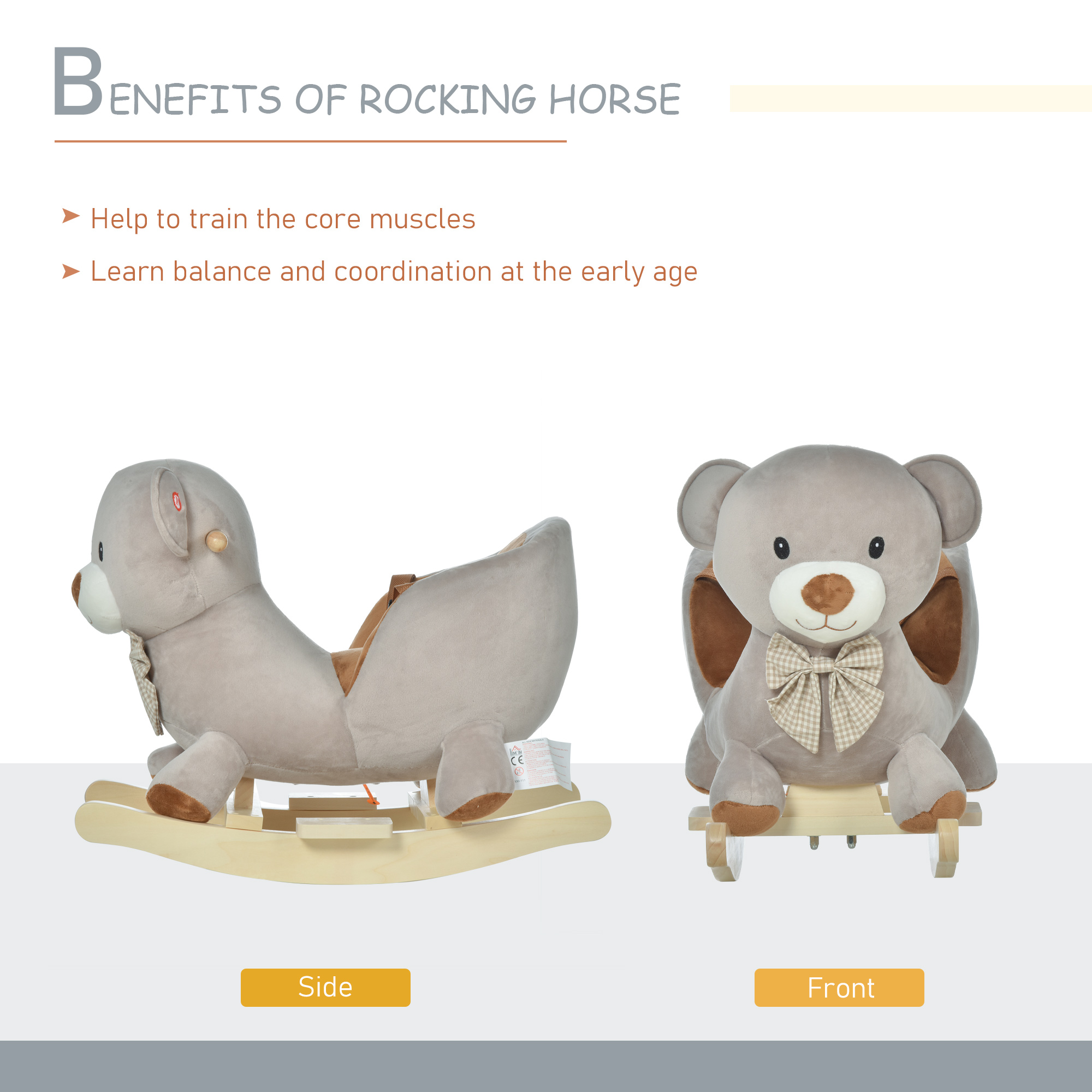 Bear-Shaped Kids Rocking Horse with Sound for 18-36 Months, Gray