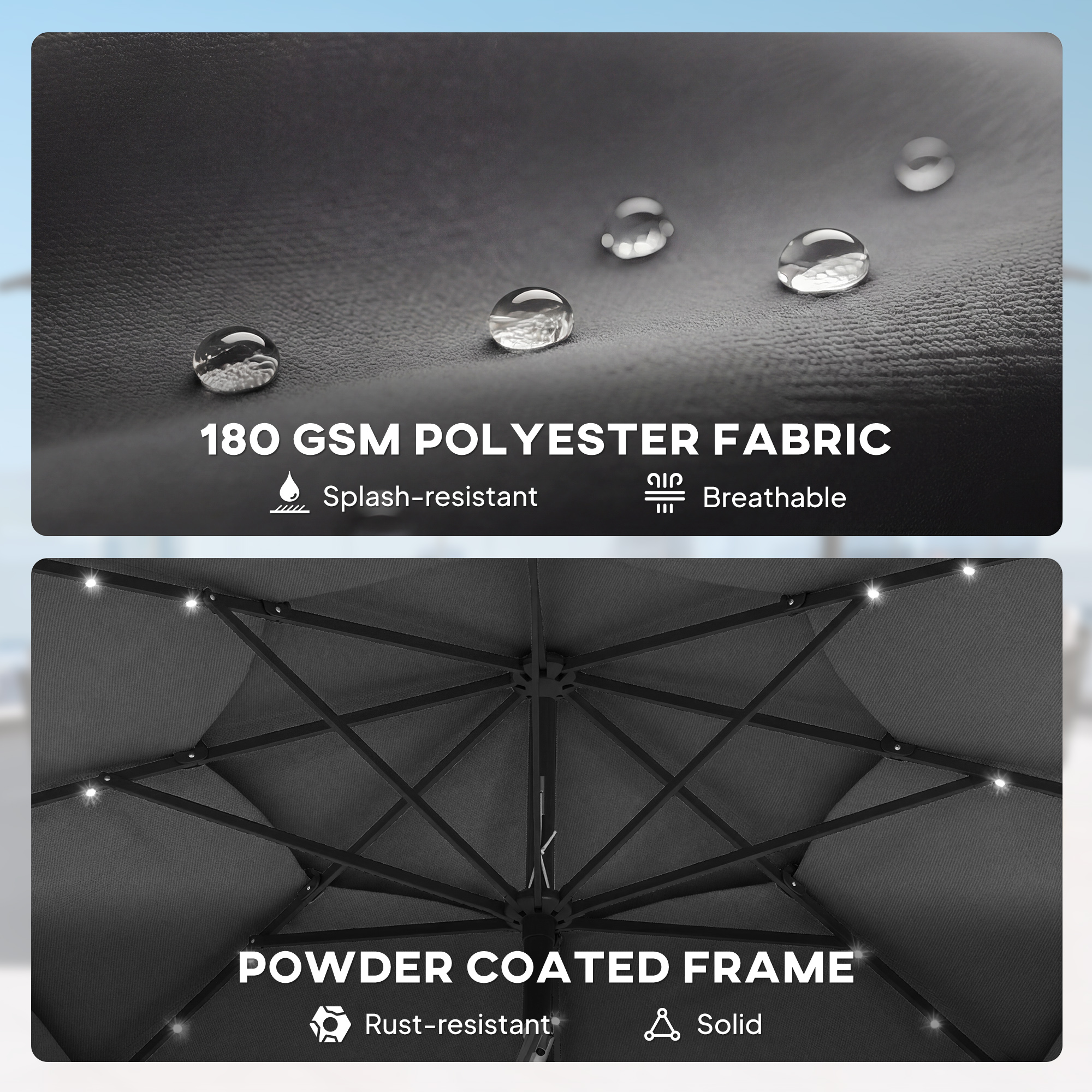  9.7 ft Outdoor Patio Umbrella with Solar LED Lights, 3 Tier Outdoor Table Umbrella with Tilt, Crank, Black