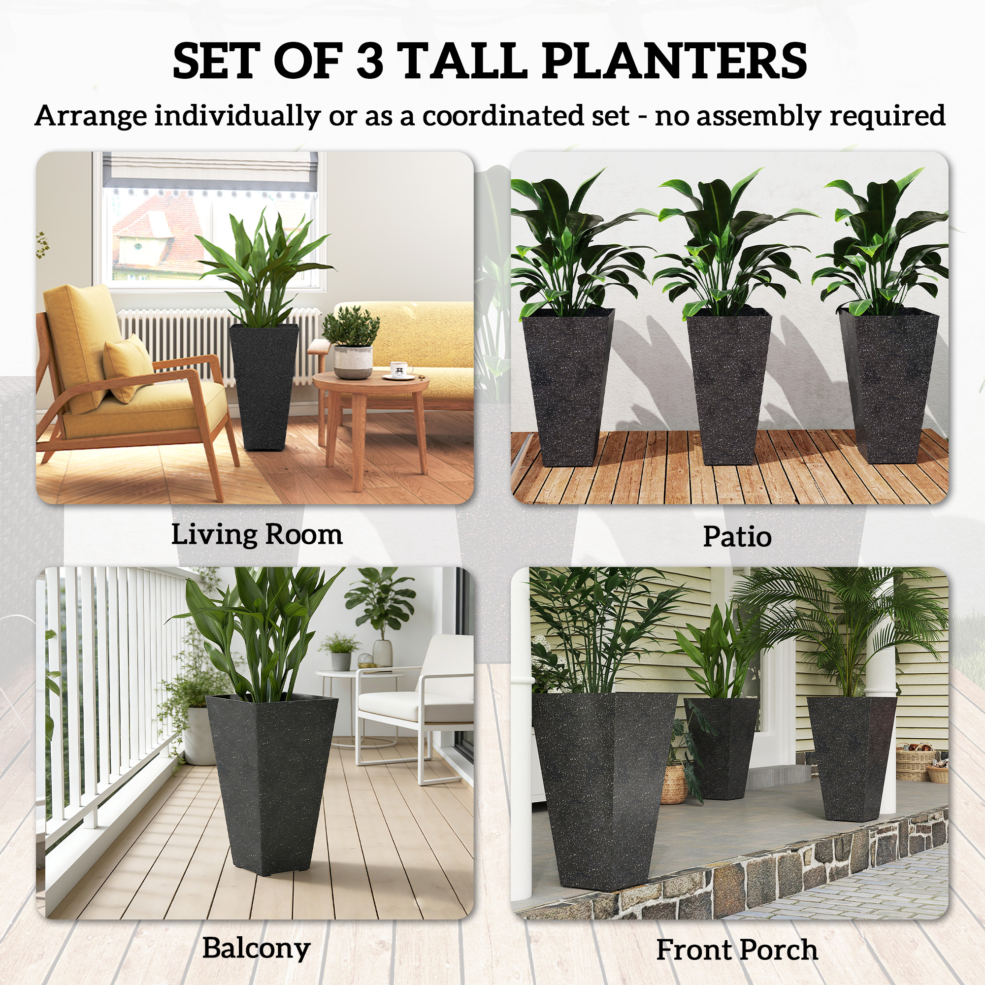  28" Tall Planters, Set of 3 Plastic Flower Pots with Marble Finish and Drainage Holes, Stackable Taper Planters, Black