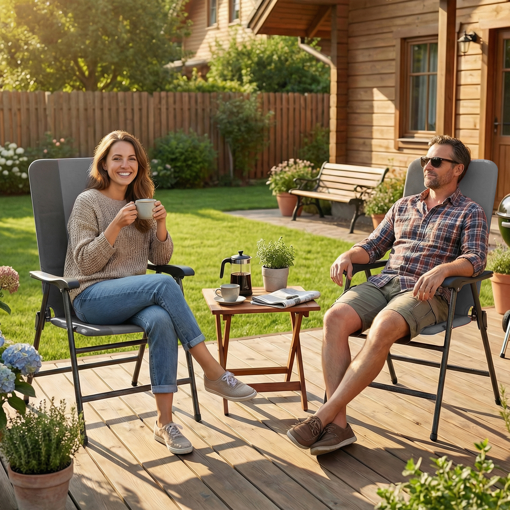  Folding Patio Chairs Set of 2, Padded High Back Lawn Camping Chairs with Armrests, 600D Oxford Fabric, Light Gray