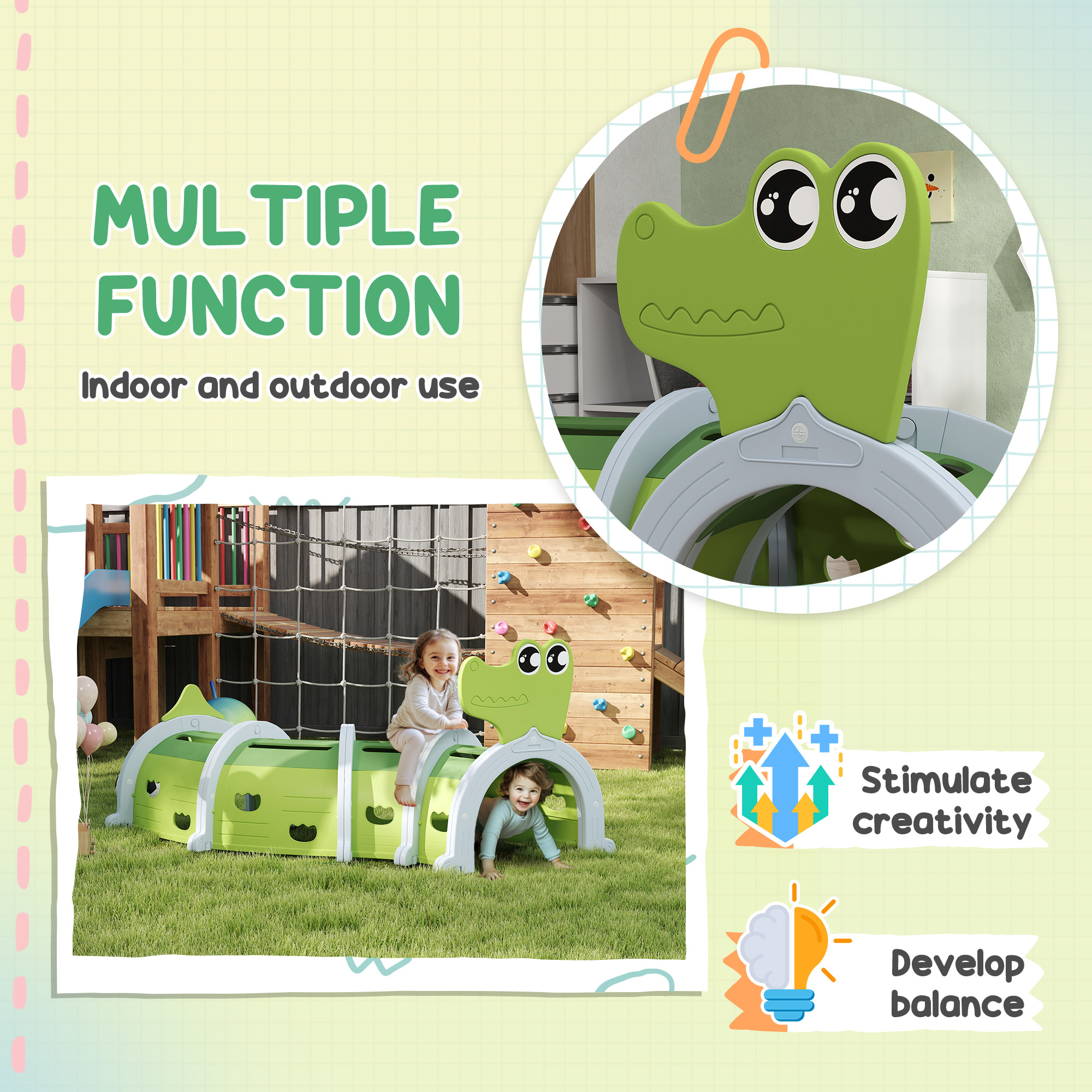 Crocodile Design Kids Play Tunnel for Kids to Crawl Through, 76" Long