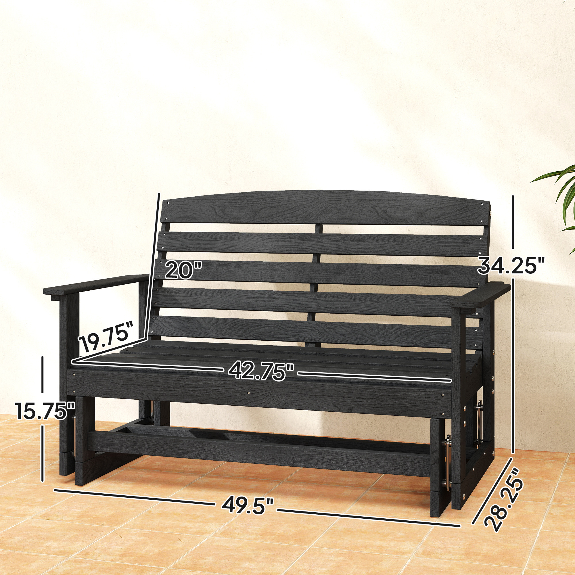  Patio Glider Bench w/ HDPE Slatted Double Rocking Chair, Distressed Black