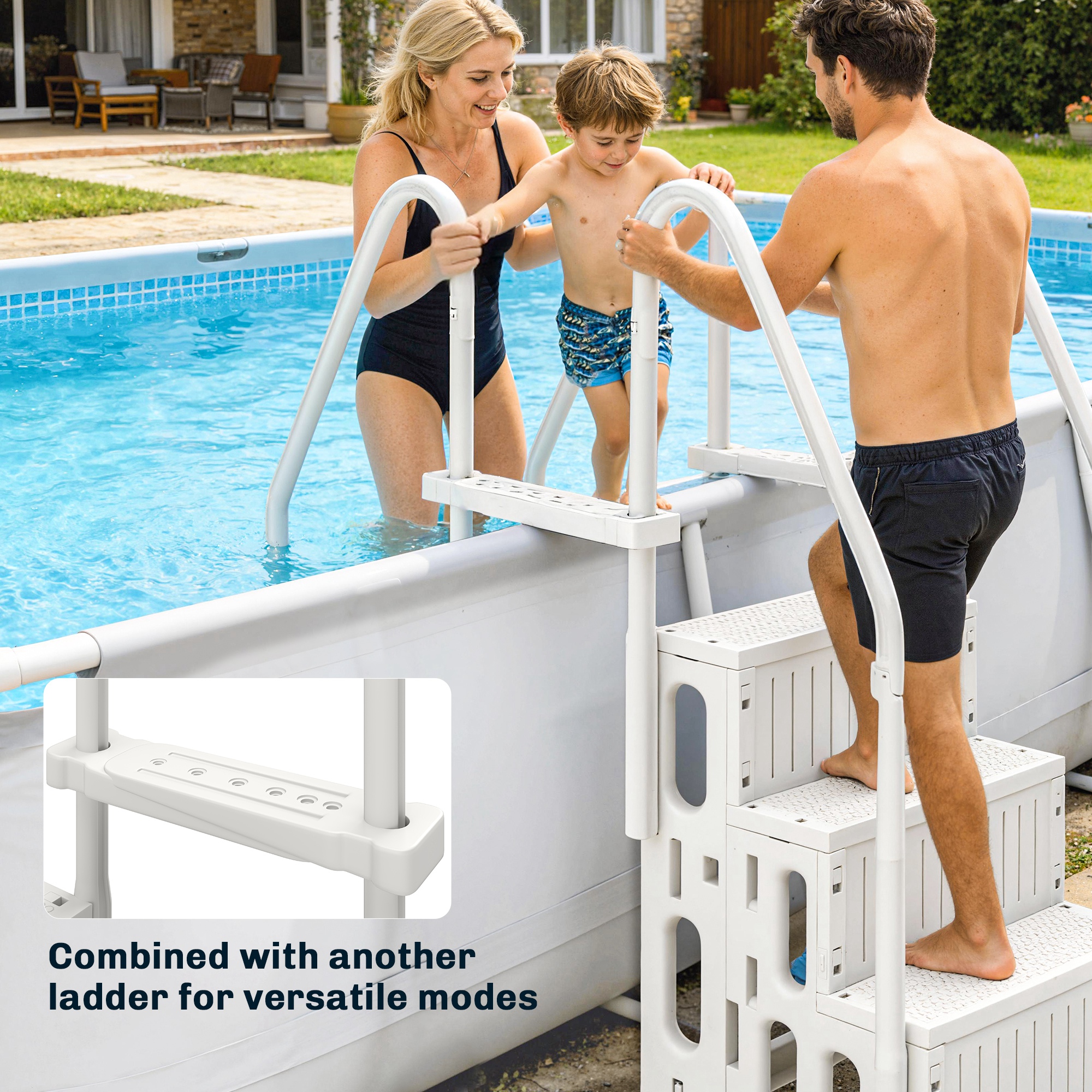  Swimming Pool Ladder Adjustable Height for Above Ground Pool Steps with Dual Handrails White