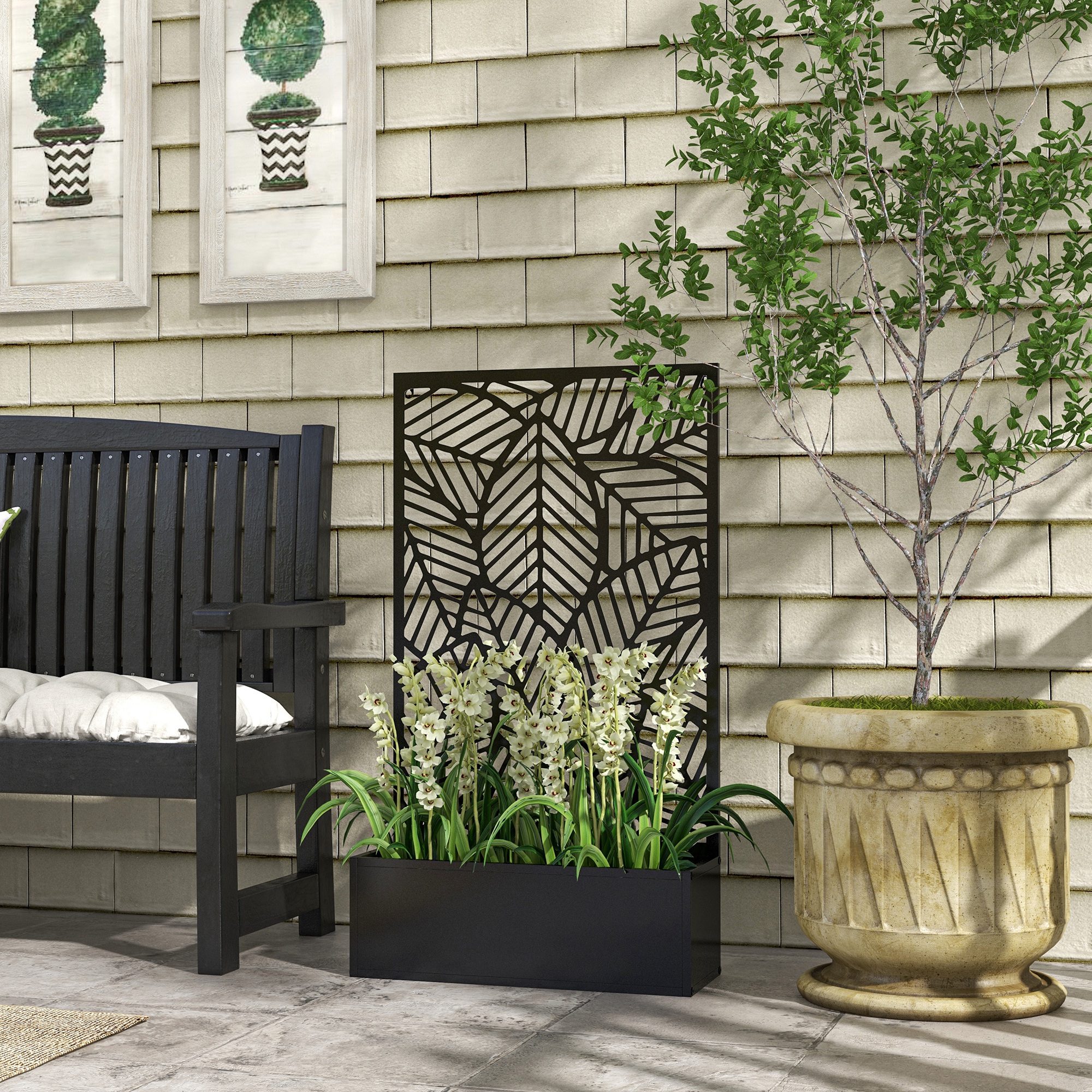  Metal Outdoor Privacy Screen with Raised Garden Bed, Privacy Panel and Planter Box, Wall-Mounted or Freestanding, Black