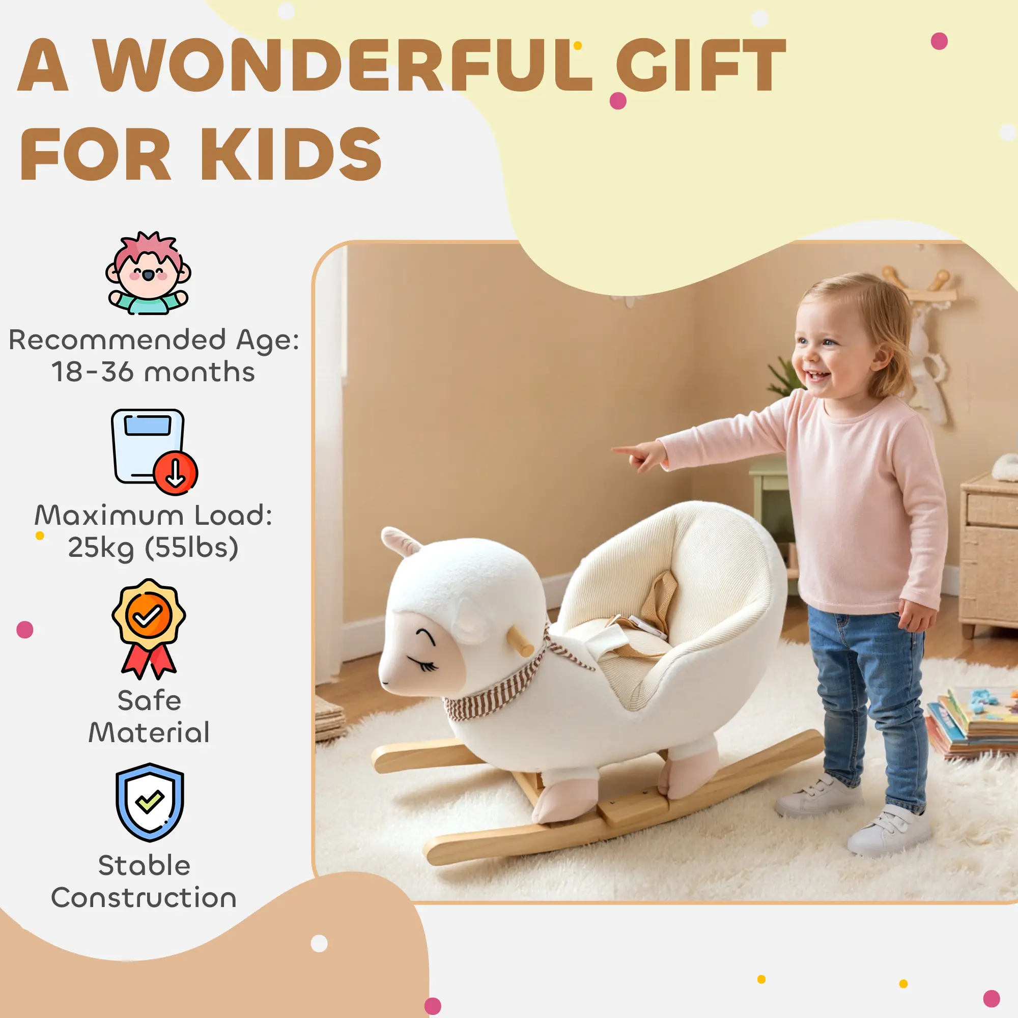 Baby Rocking Horse, Sheep Rocking Horse with Lullaby Song for Toddlers 18–36 Months, White