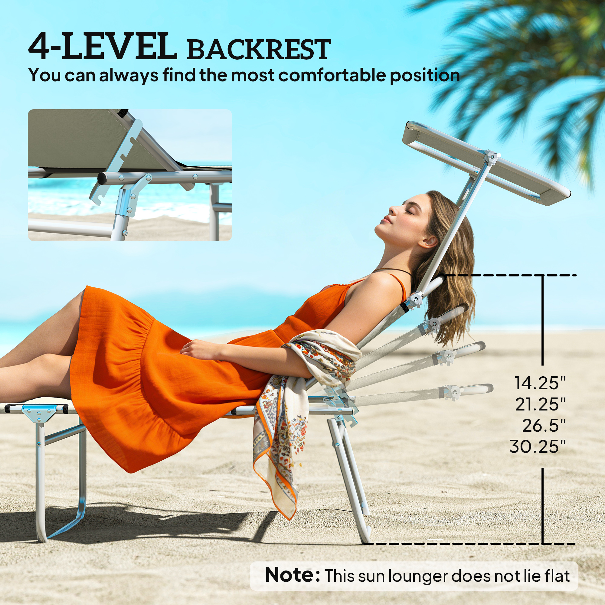  Outdoor Pool Chaise Lounge Chair, Folding Tanning Chair with Sun Shade, Cream White