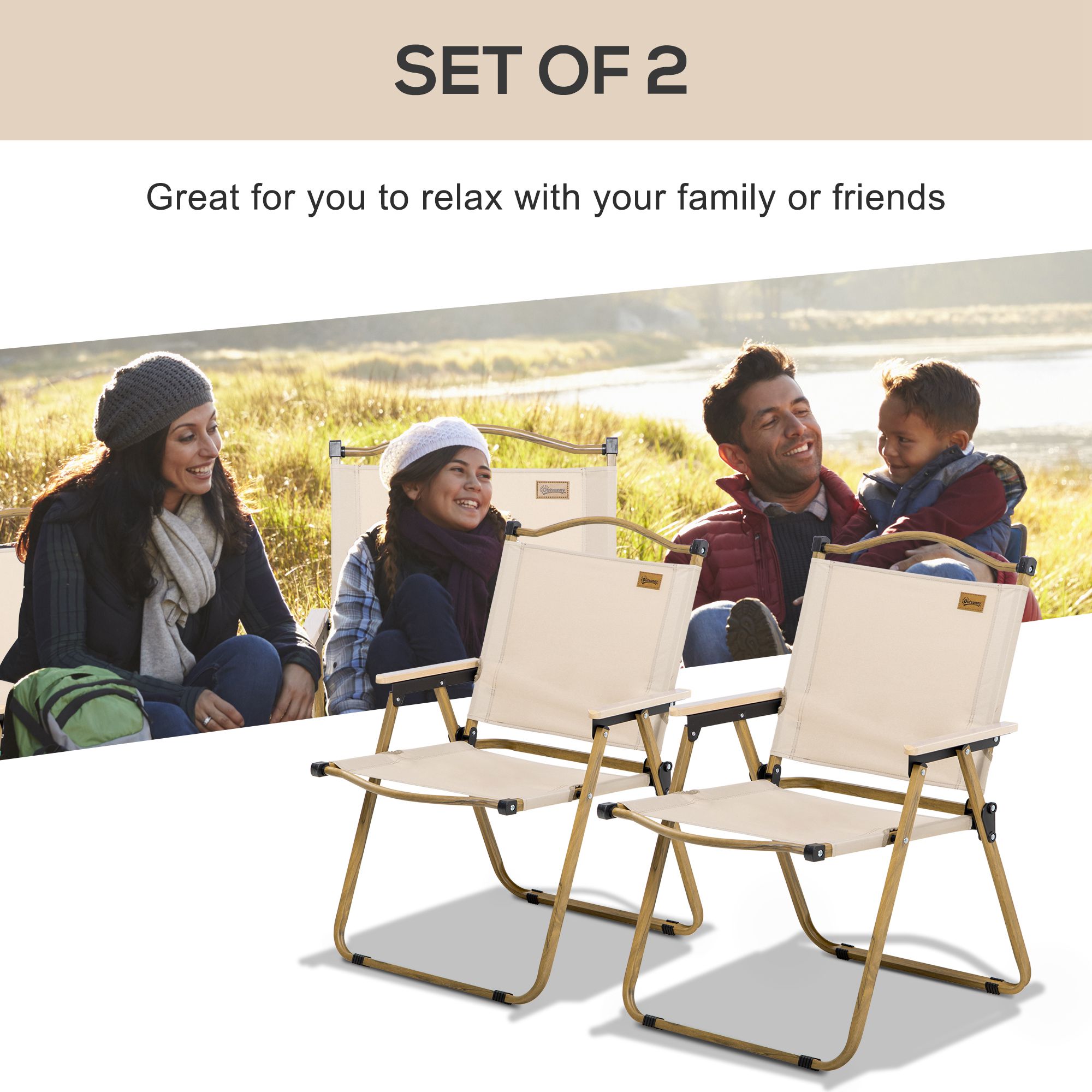  2 Pack Folding Camping Chair, Lightweight & Portable Beach Chairs Armchairs, Perfect for Festivals, Fishing, Picnic and Hiking, Khaki