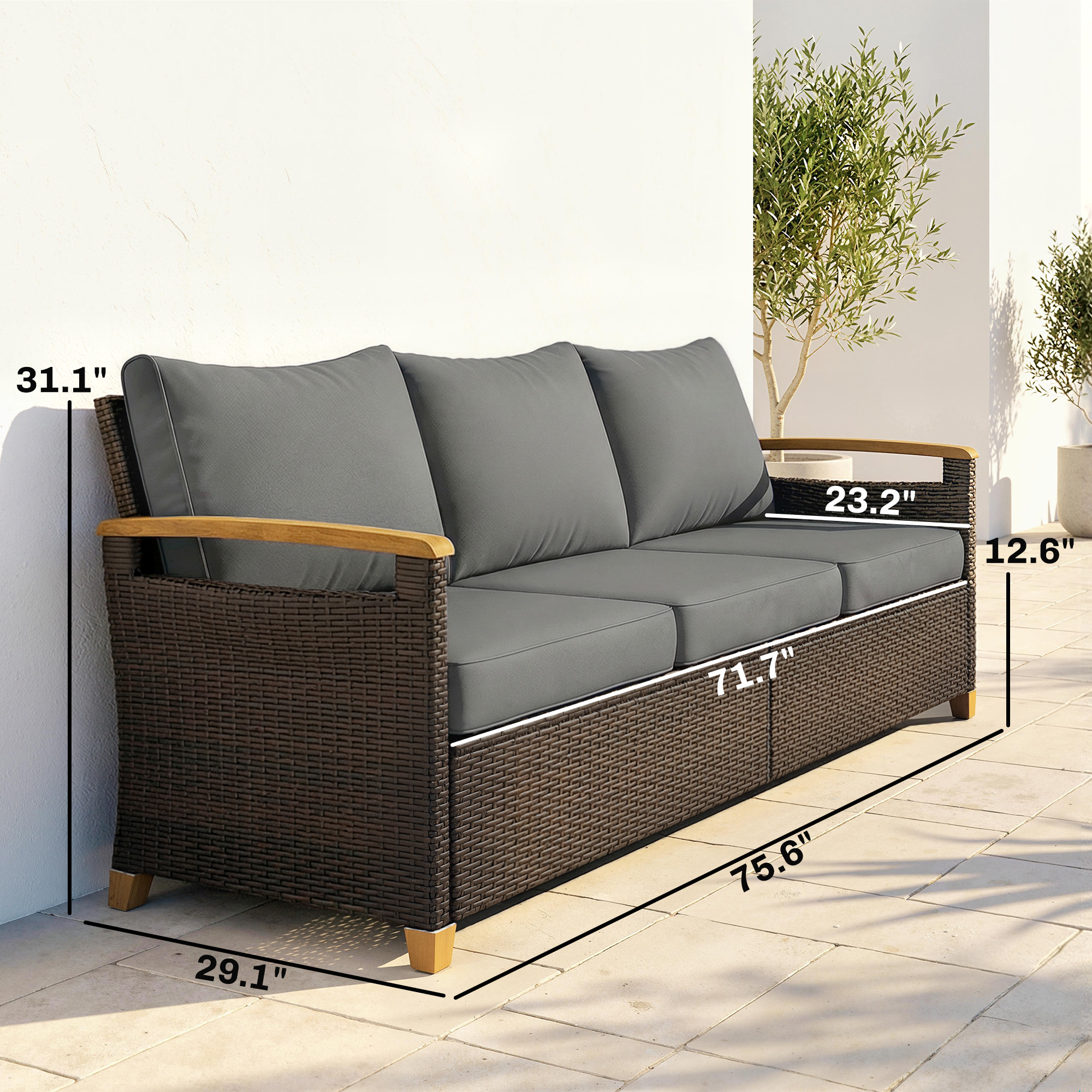  3 Seater Outdoor Couch Sofa, PE Wicker Patio Sofa, Wide Deep Seat, 4" Cushions, Wood-Effect Armrests Legs, Gray