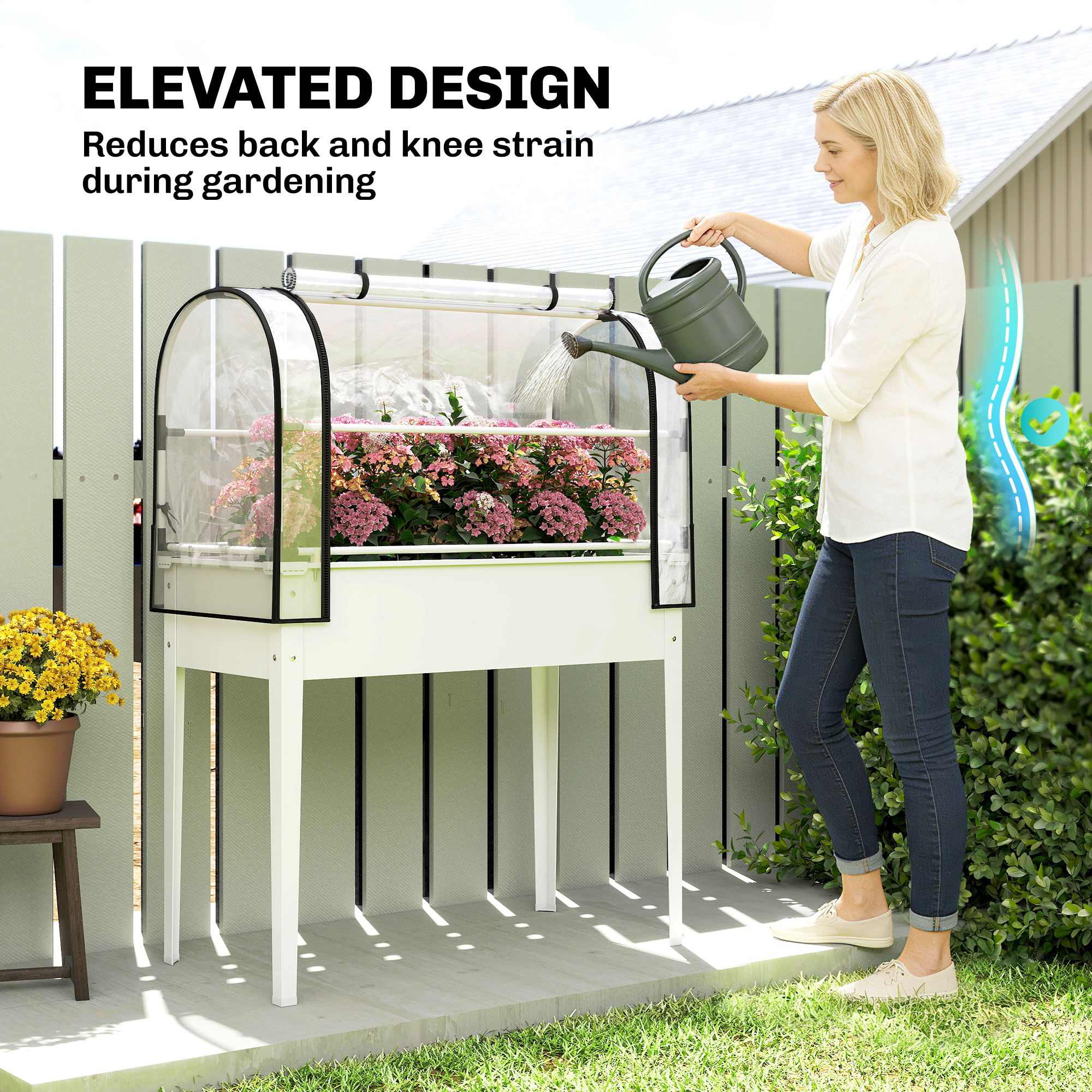  Raised Garden Bed with Flip-Up Greenhouse Cover, Metal Elevated Garden Bed with Legs and Drainage Hole, White