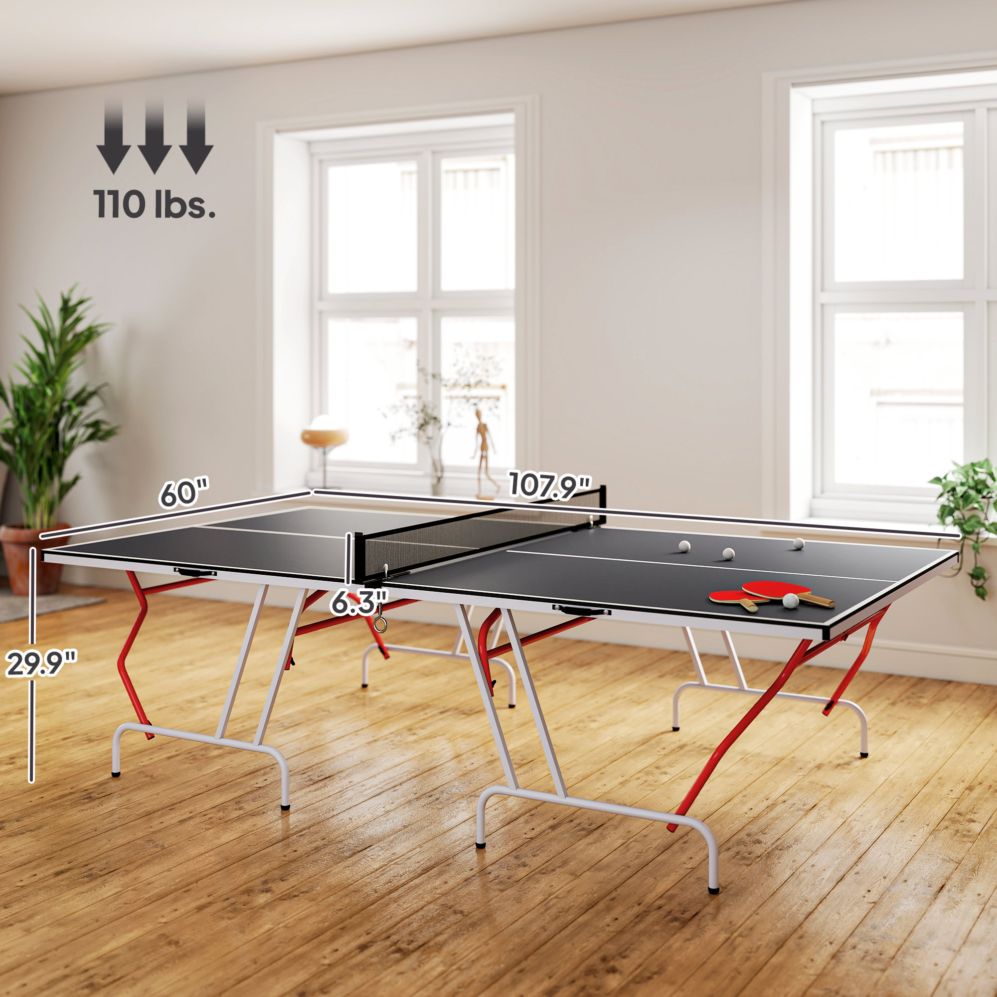 Full Size Table Tennis Table, Folding Ping Pong Table with Paddles and Balls, Charcoal Gray