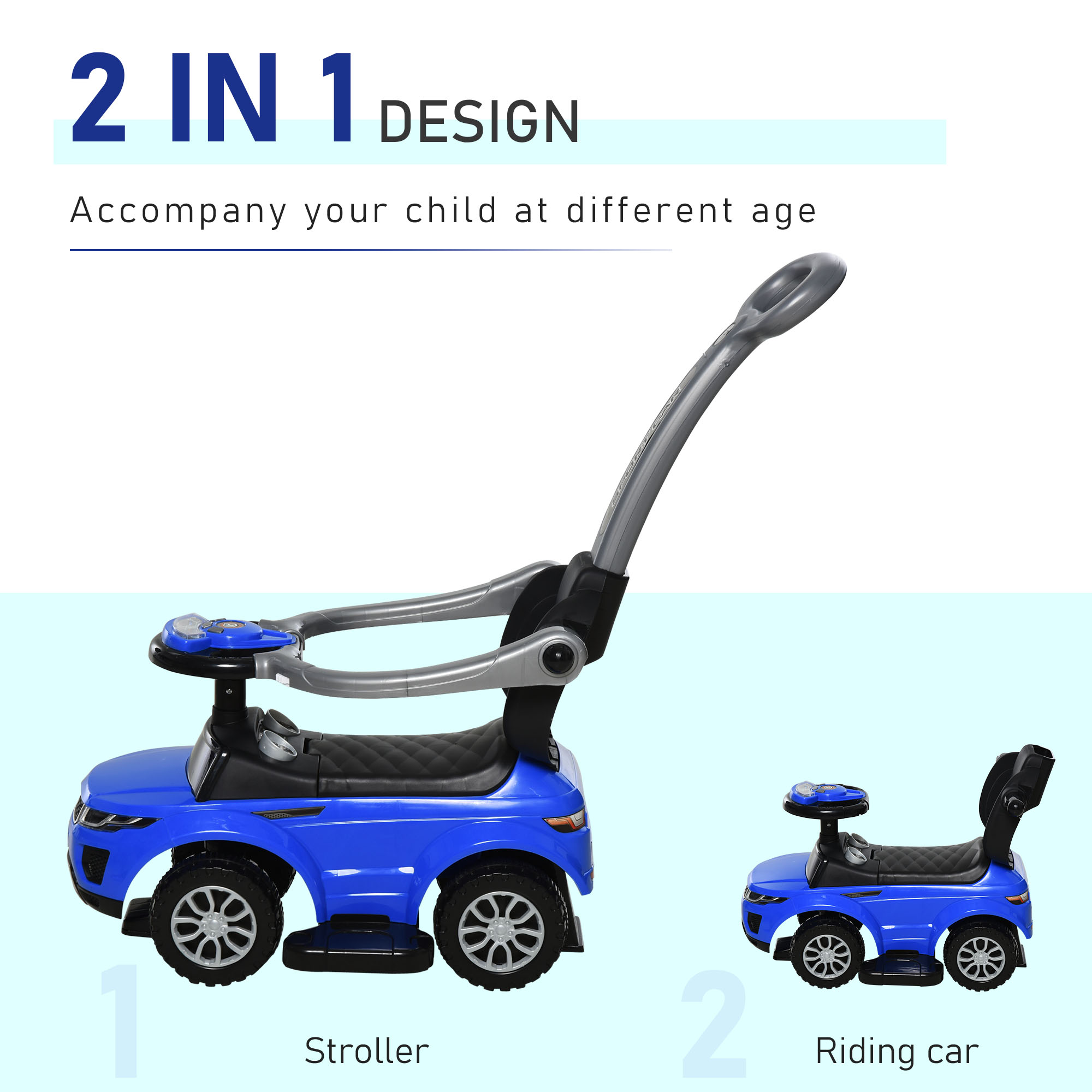 2 In 1 Push Cars for Toddlers Kid Ride on Push Car Stroller Sliding Car with Horn Music Light Function Secure Bar Ride on Toy for Boy Girl 1-3 Years Old Blue